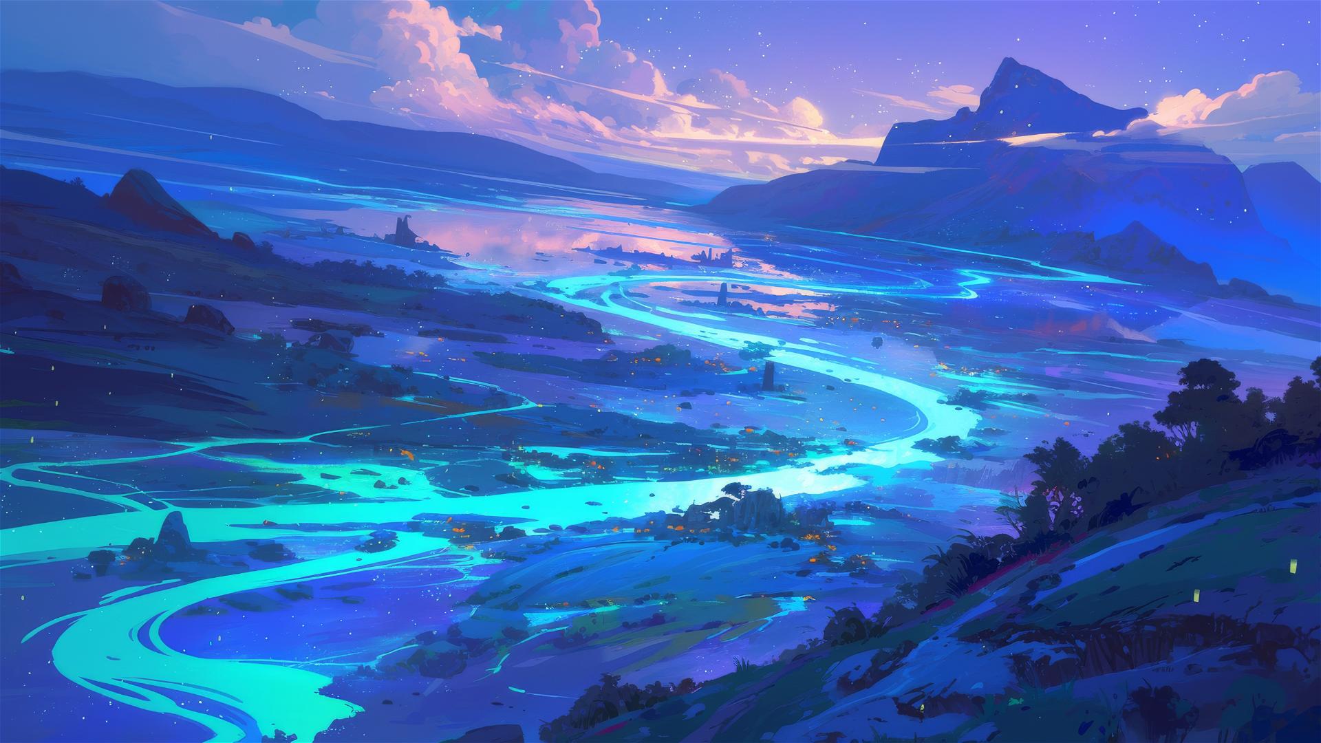 Luminescent river leading to lake under starry sky