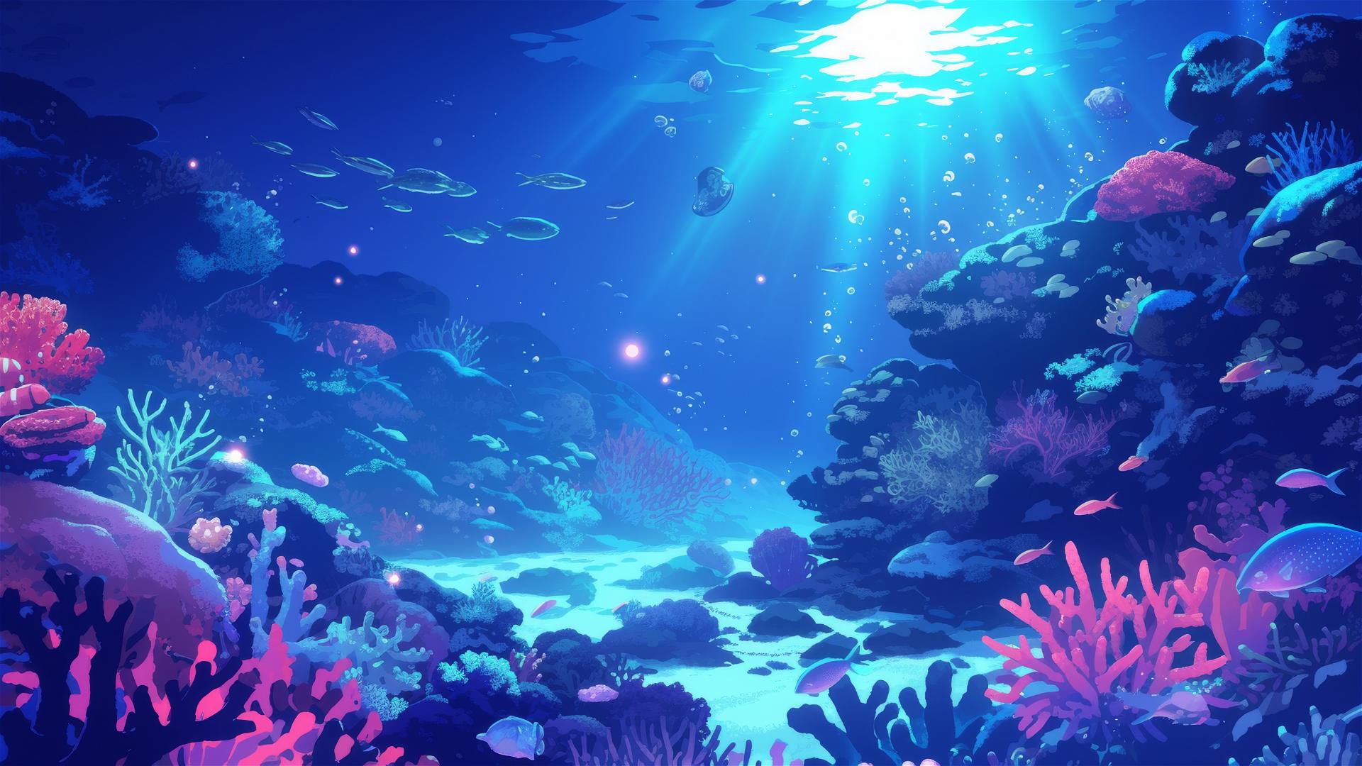 Bio-luminescent corals and marine life in a deep-sea garden at night