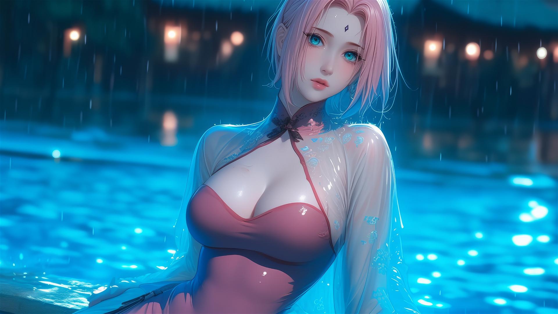 Haruno Sakura resting by a pool under moonlight, pink attire
