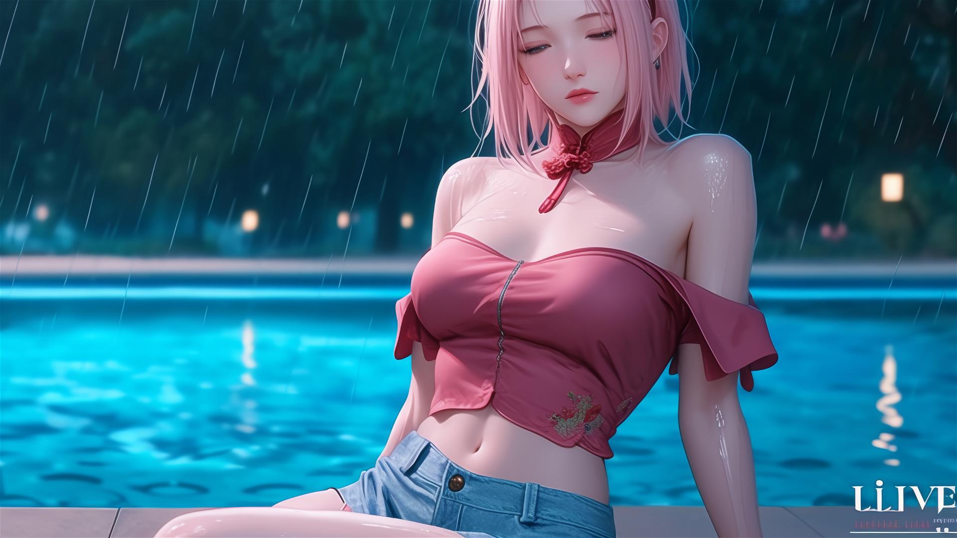 Haruno Sakura resting by a moonlit pool on a rainy night