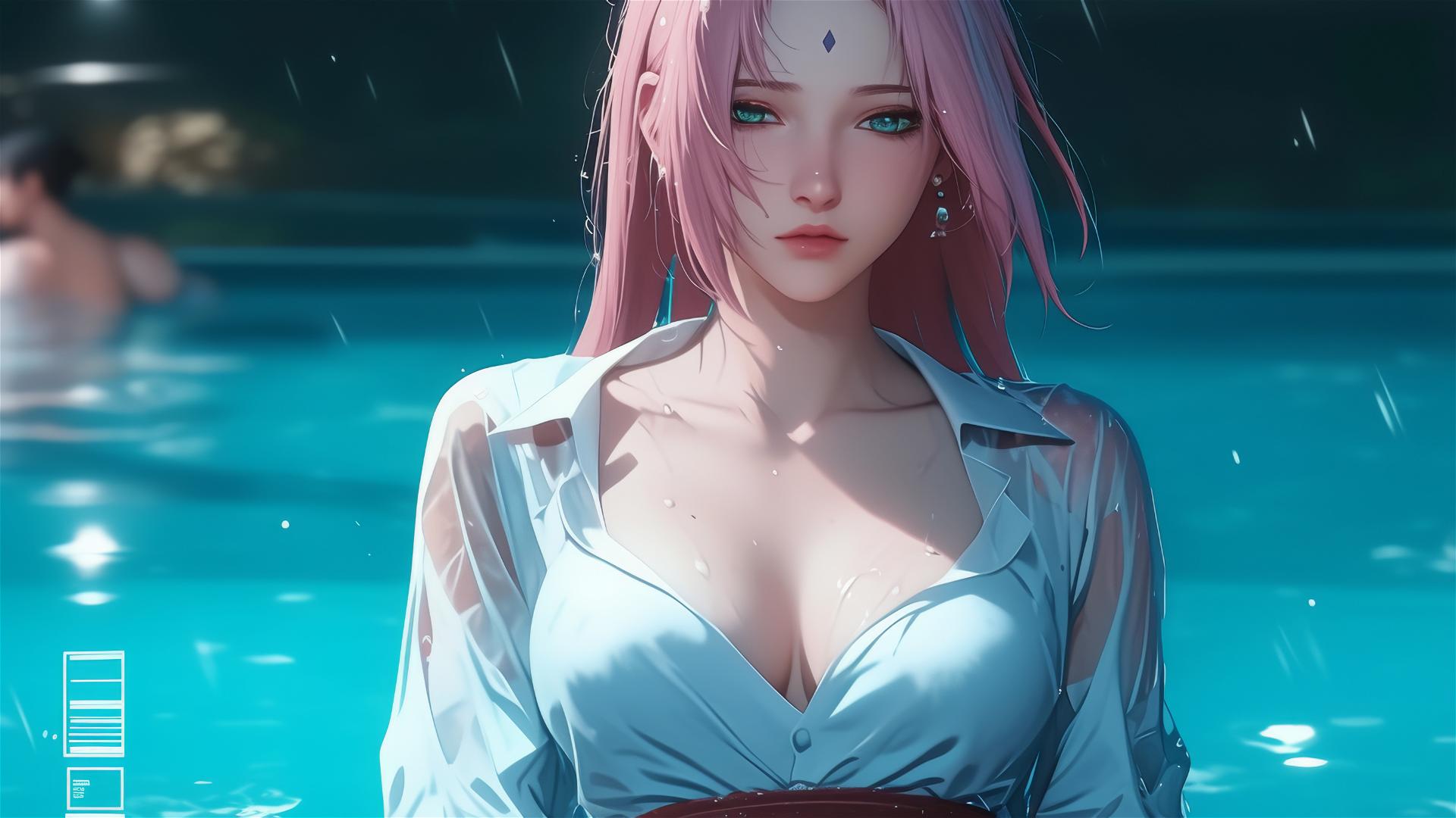 Sakura from Naruto resting by pool in moonlight