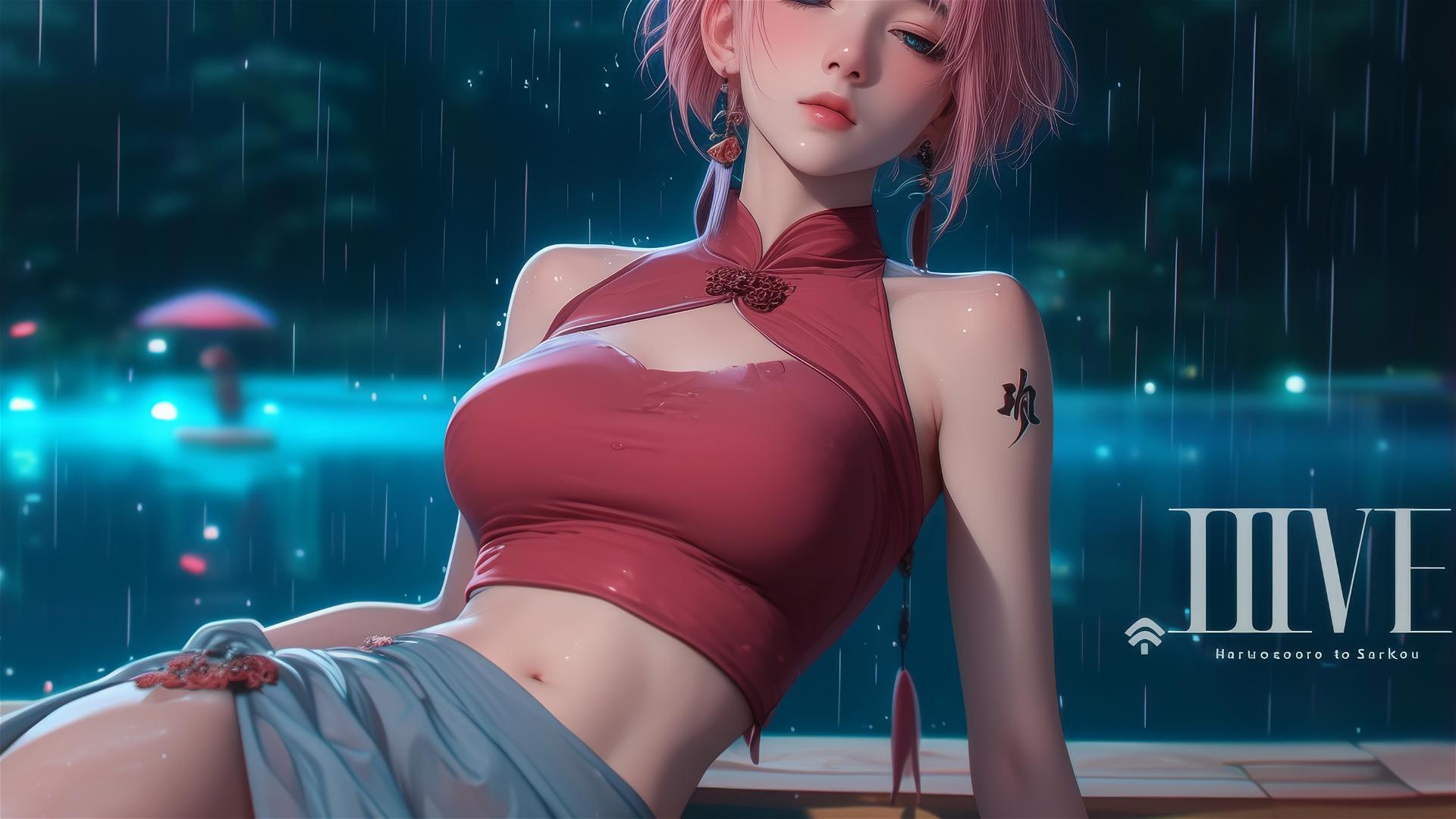 Haruno Sakura from Naruto resting by a pool, moonlight casting a glow on her pink attire