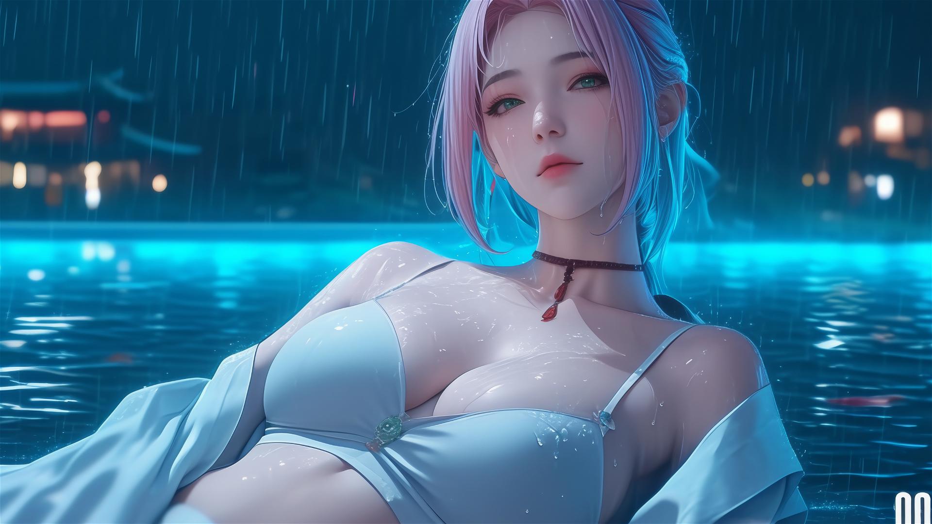Haruno Sakura resting by pool in moonlight with rain