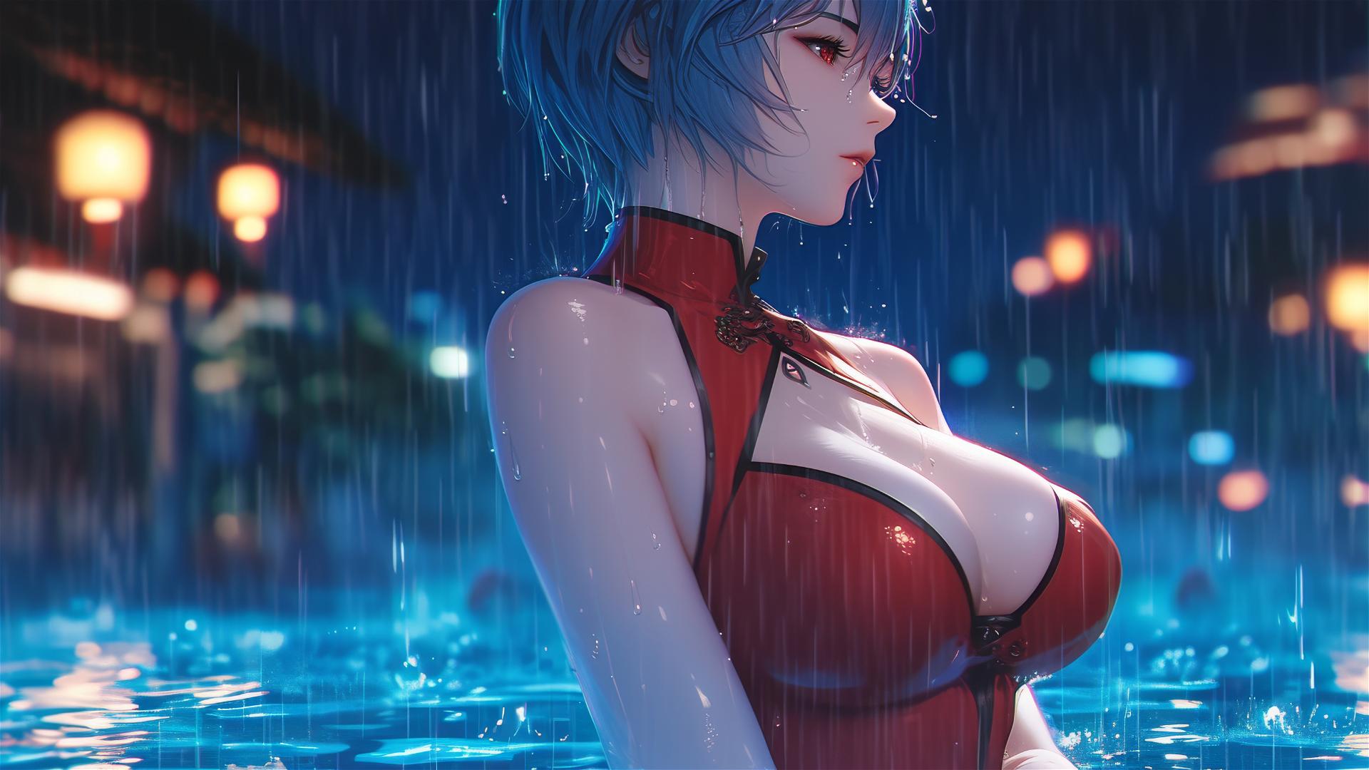 Rei Ayanami standing in rainy pool under moonlight, red shirt, blue hair