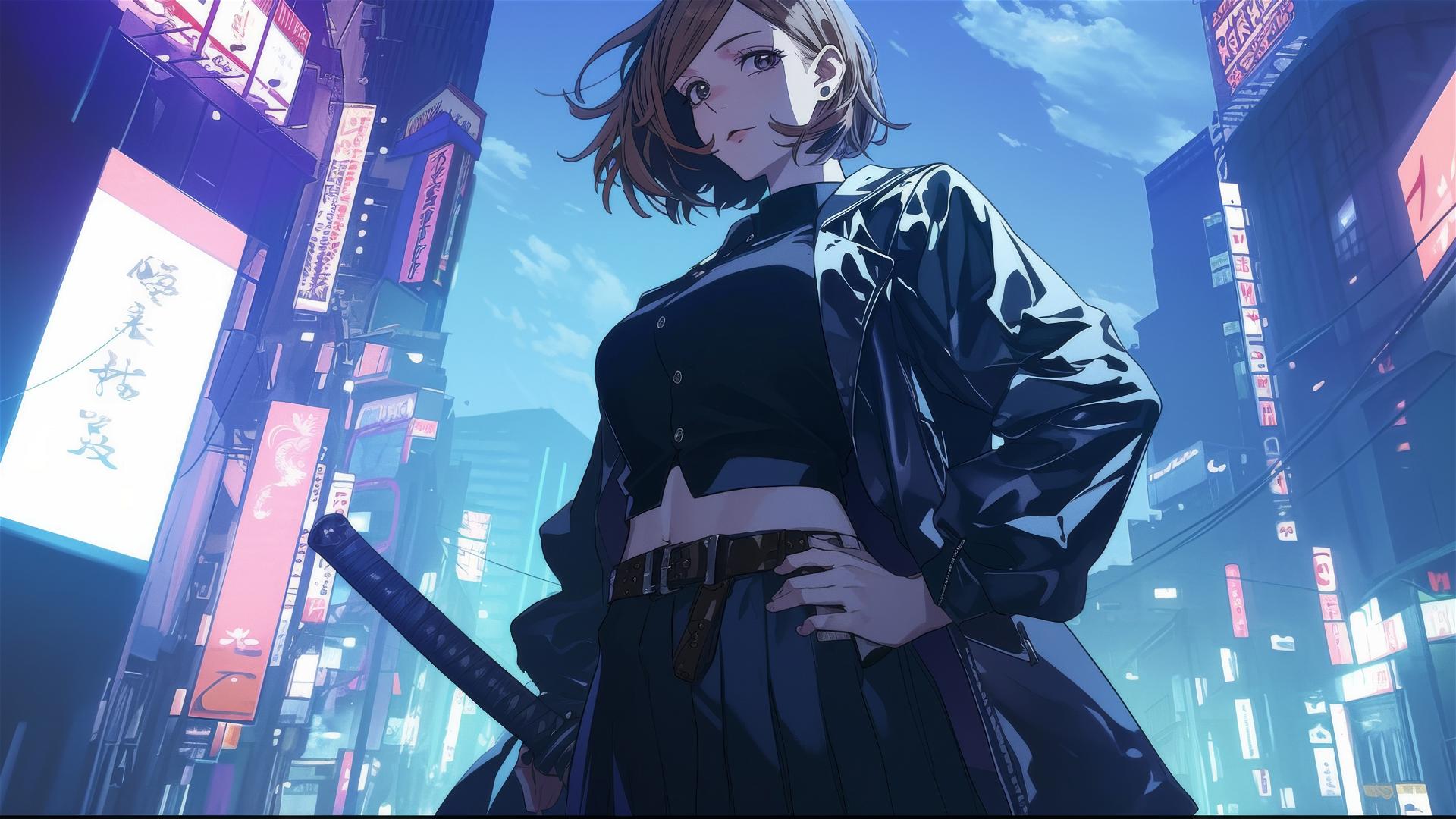 Nobara Kugisaki in Akihabara with leather jacket and hakama