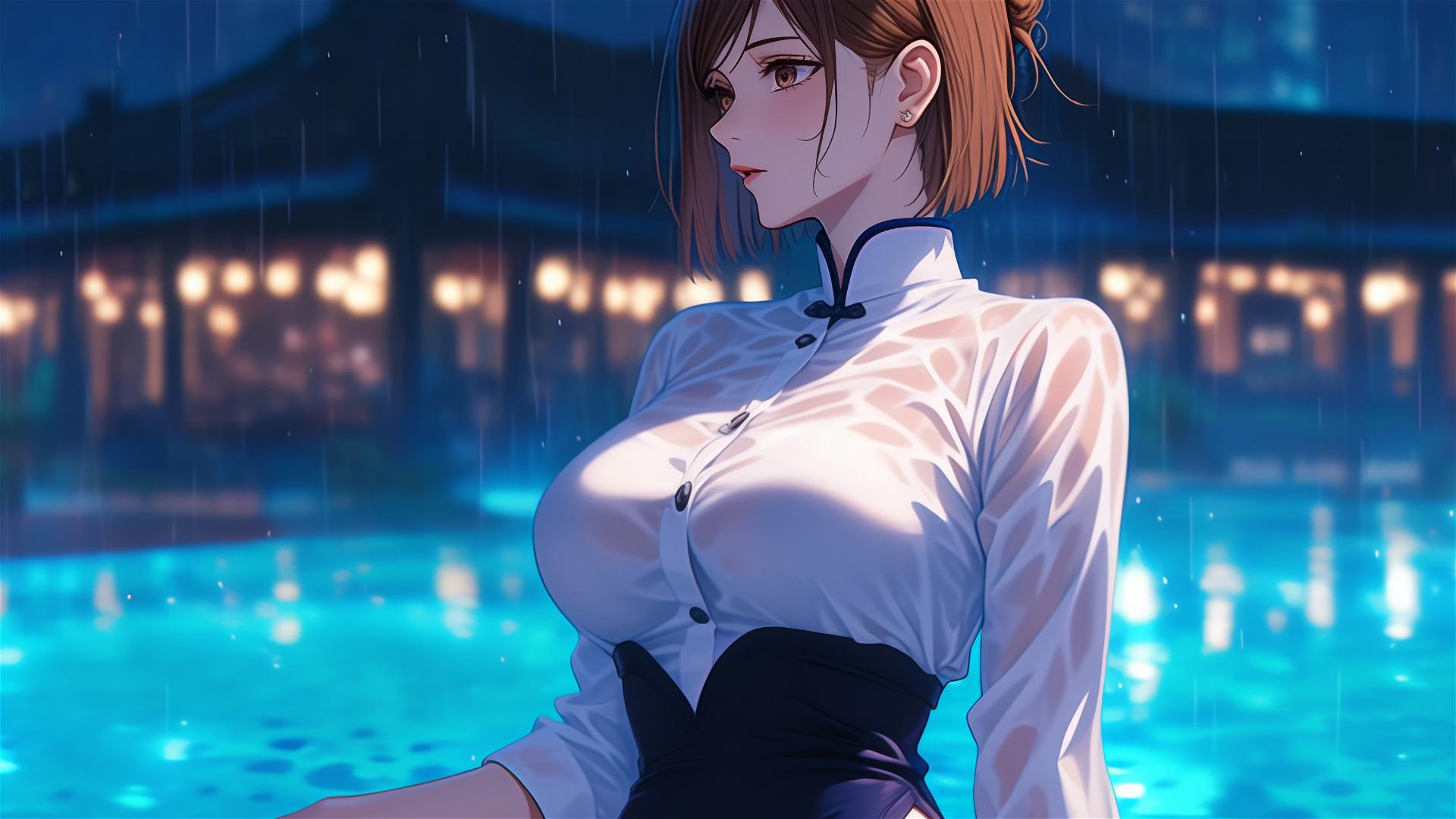 Nobara Kugisaki resting beside a moonlit rainy pool