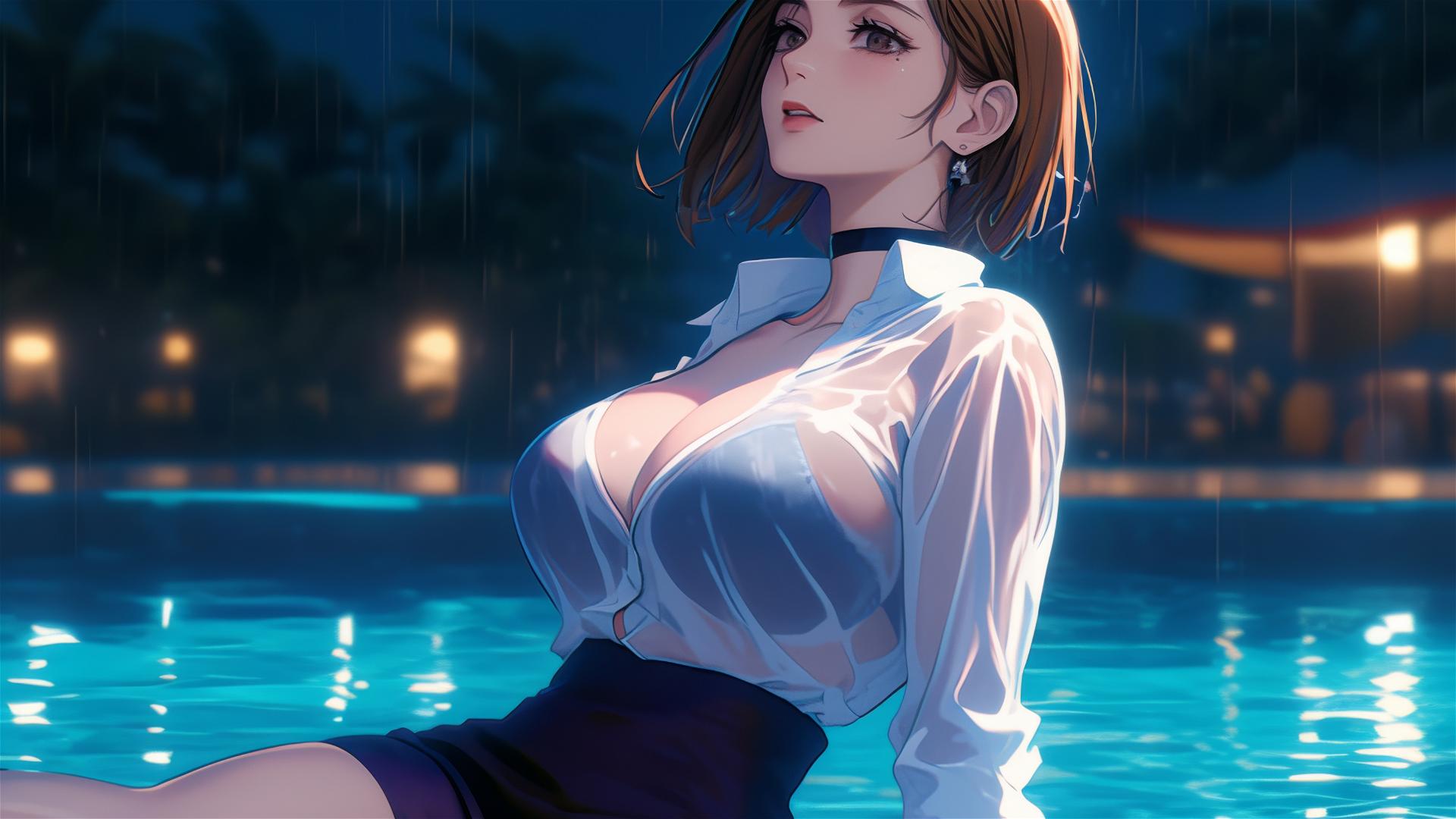 Nobara Kugisaki resting by a rainy pool under moonlight