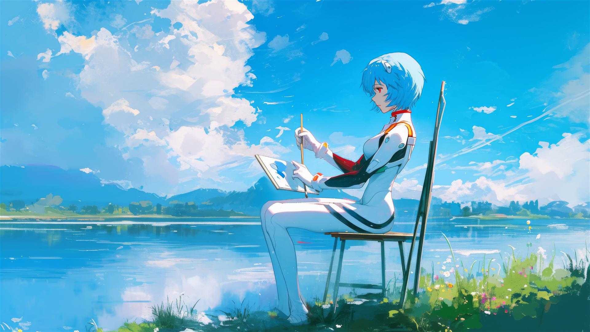 Rei Ayanami painting by a lake in Hokkaido