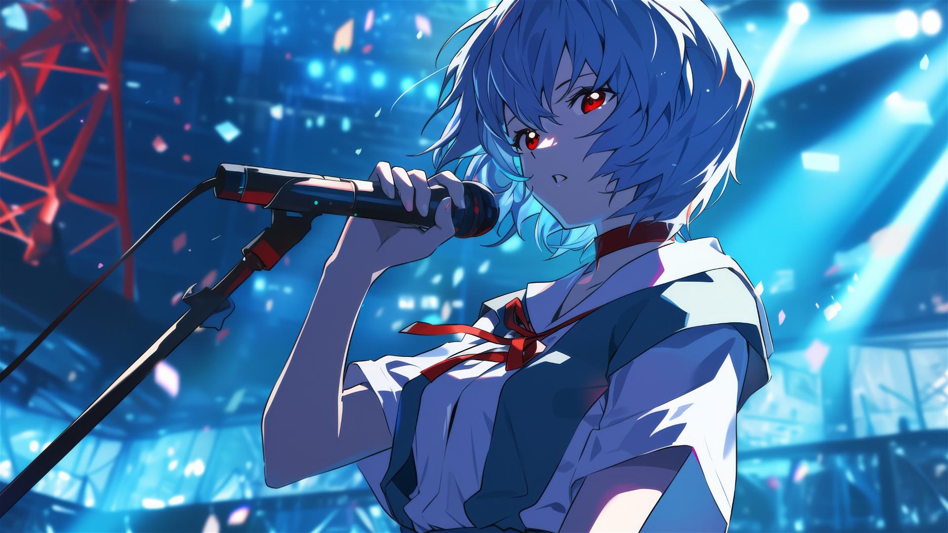 Rei Ayanami from Neon Genesis Evangelion in J-pop idol costume performing in Tokyo