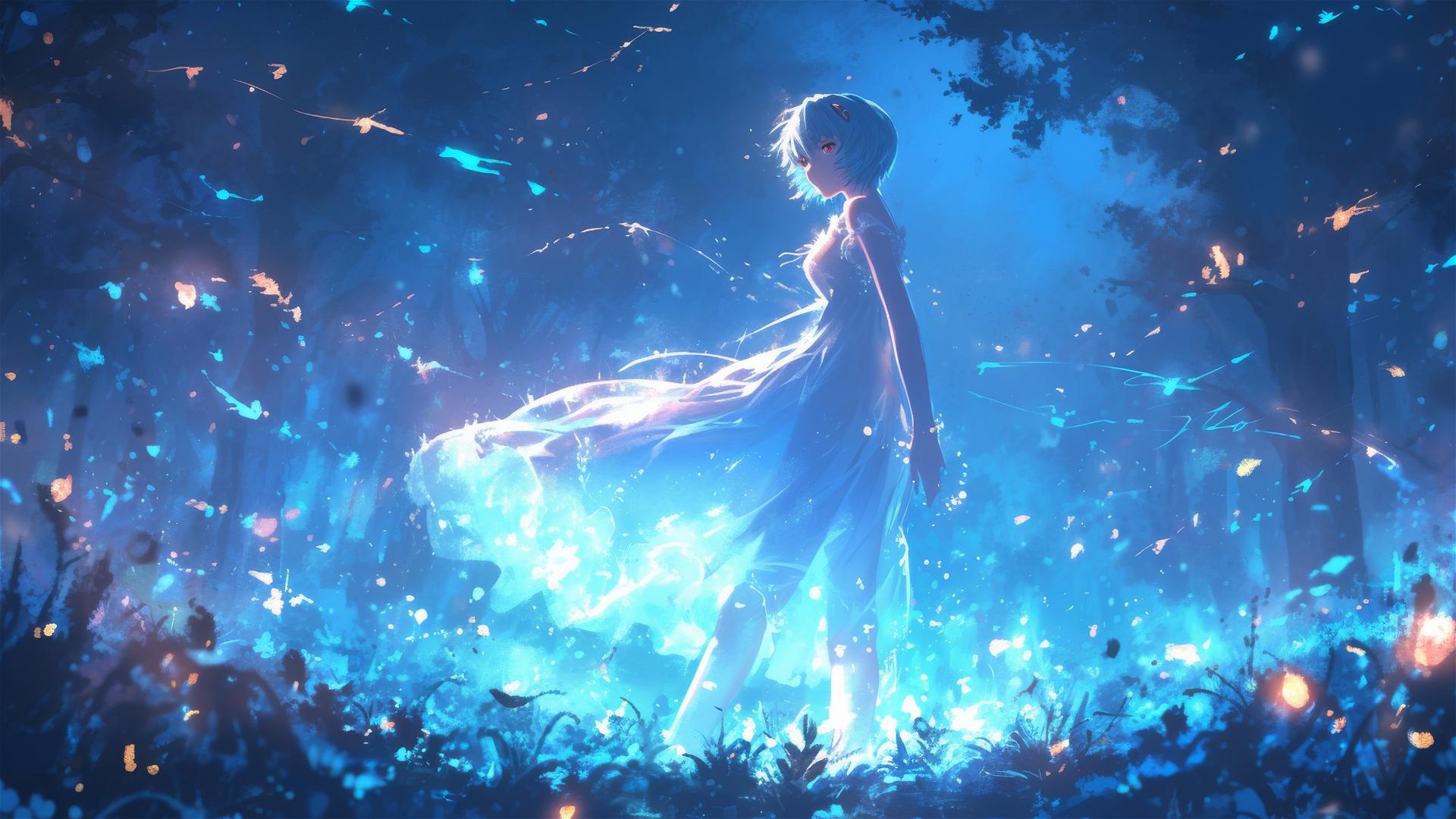 Rei Ayanami in fairy-tale dress amidst mystical forest with fireflies
