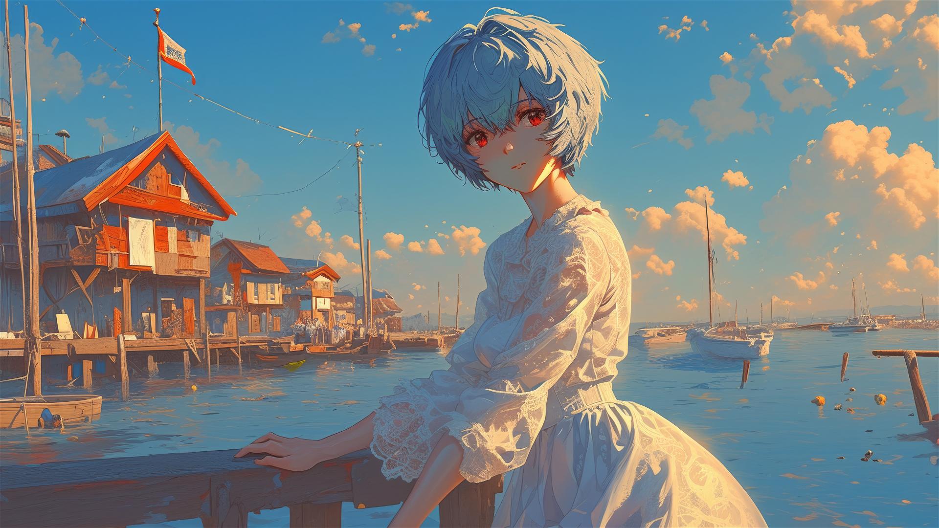 Rei Ayanami in lace dress at seaside village sunset