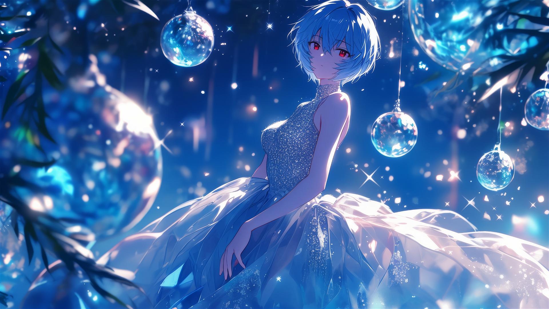 Rei Ayanami in a gala dress at a nighttime garden party
