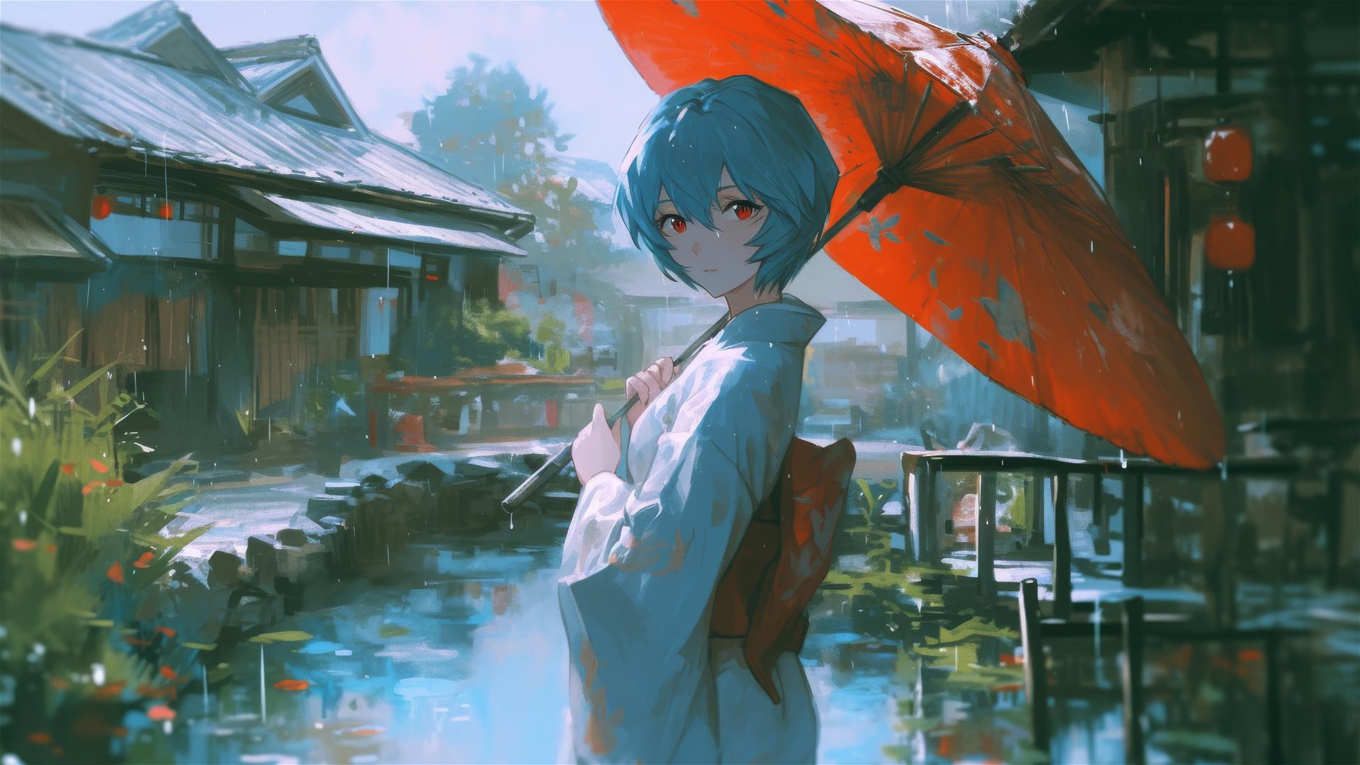 Rei Ayanami with umbrella in rainy Japanese garden