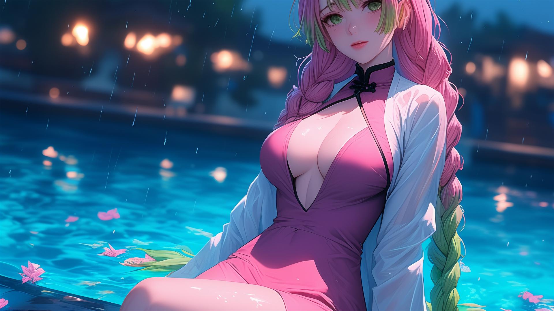 Mitsuri Kanroji resting by rainy pool, moonlit, in pink dress, thigh focus, pink to lime hair.