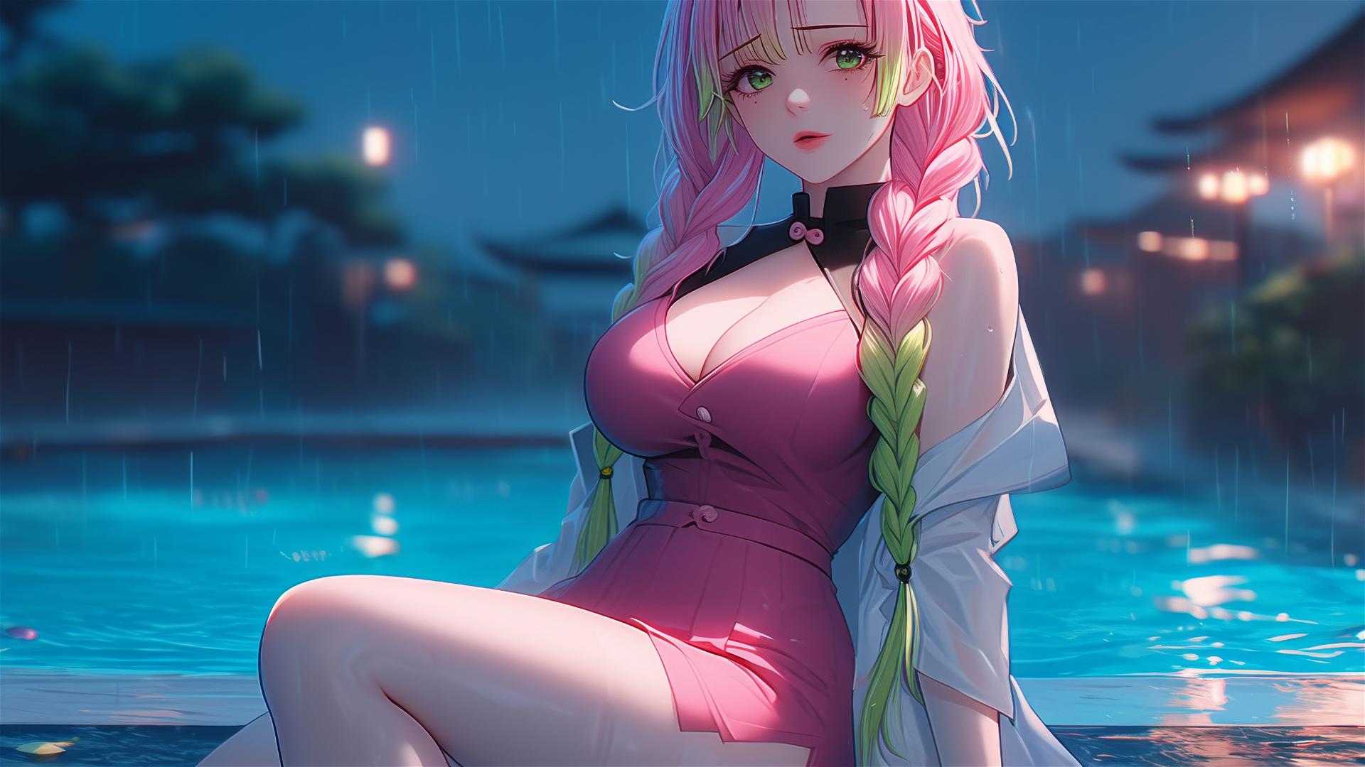 Mitsuri Kanroji resting by pool under moonlight, pink dress and pink to green hair