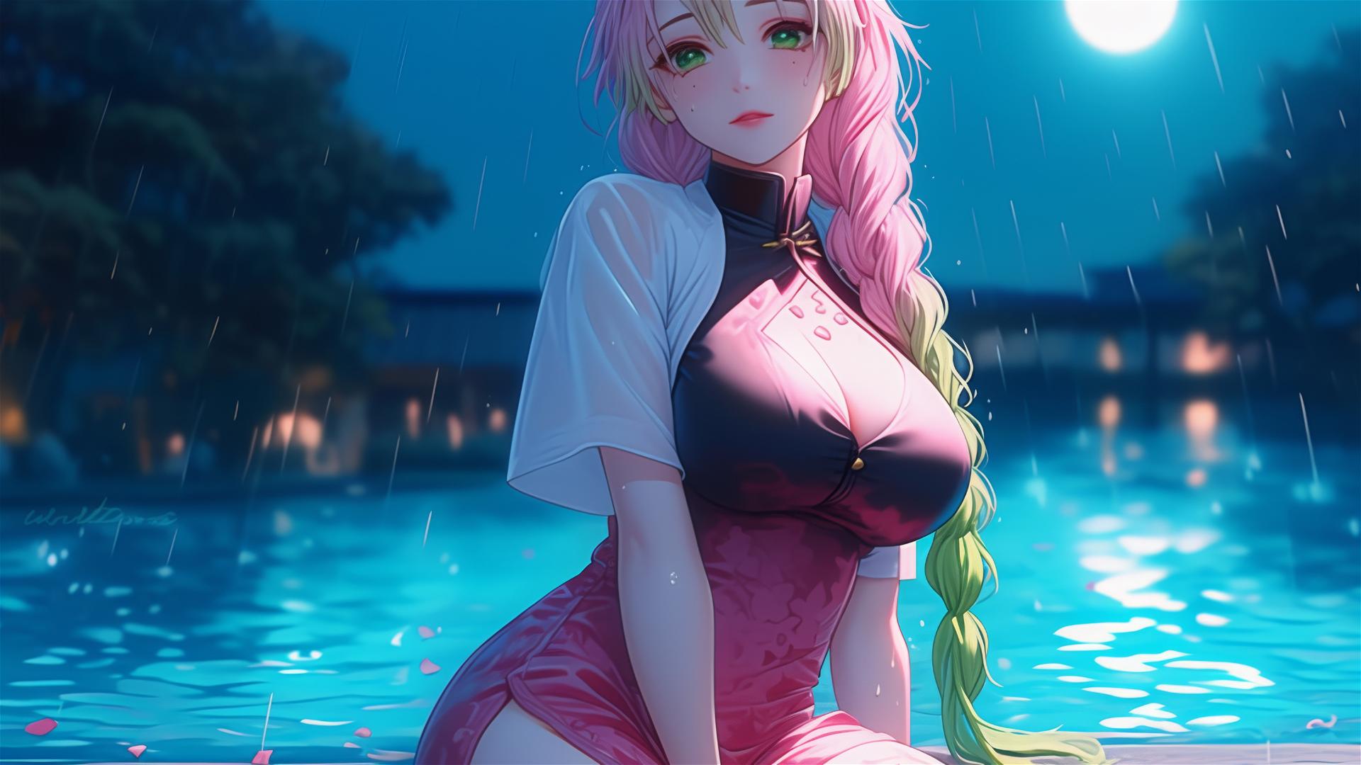 Mitsuri Kanroji from Demon Slayer by the pool in moonlight, pink dress, hair fading to lime green