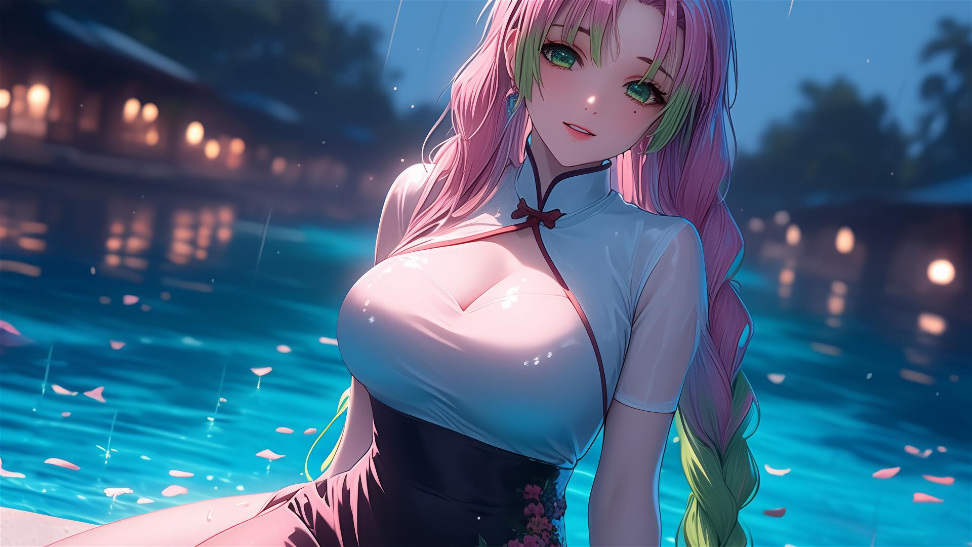 Mitsuri Kanroji resting by the pool in moonlight with pink dress and ombré hair