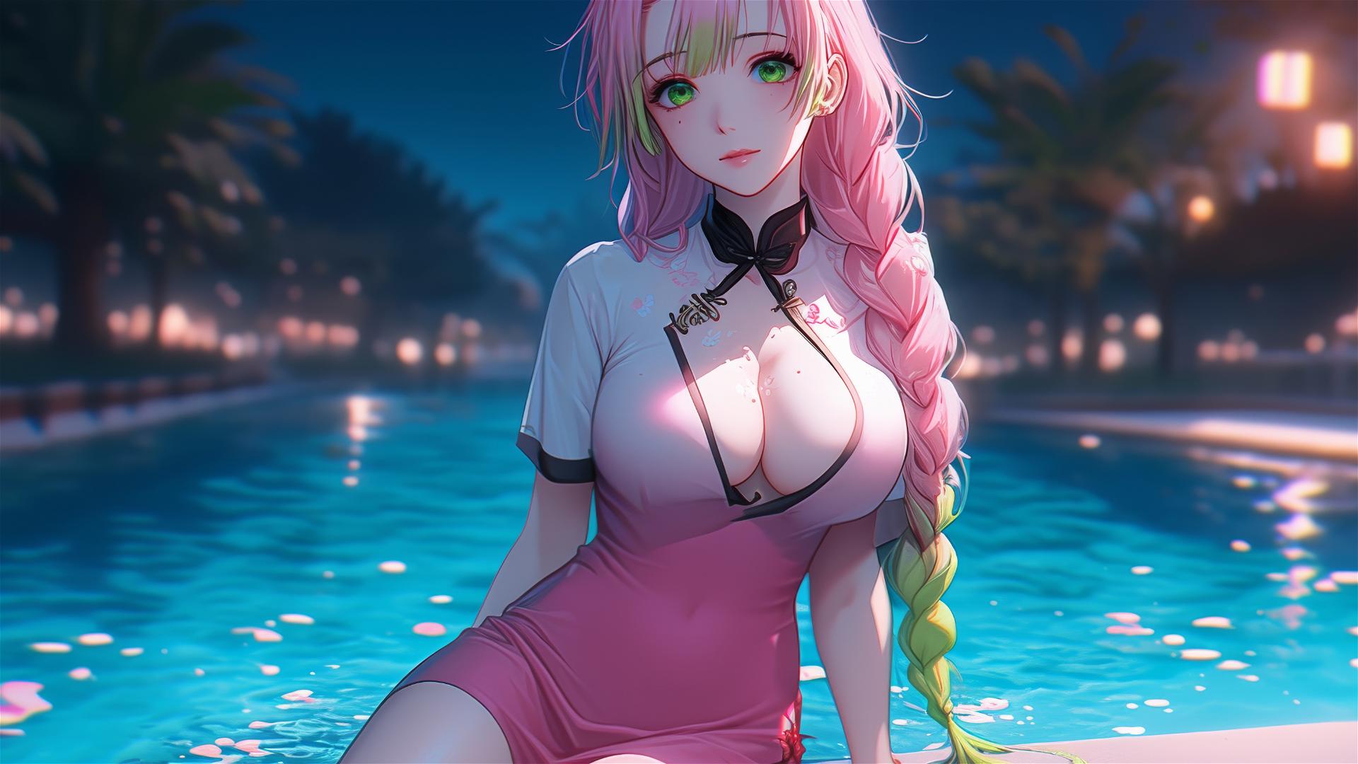 Mitsuri Kanroji resting by rainy pool, moonlit glow on pink dress and ombre hair