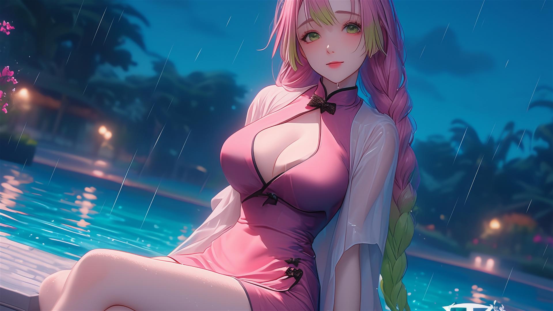 Mitsuri Kanroji by pool in moonlight, pink dress, thigh focus, pink to green hair