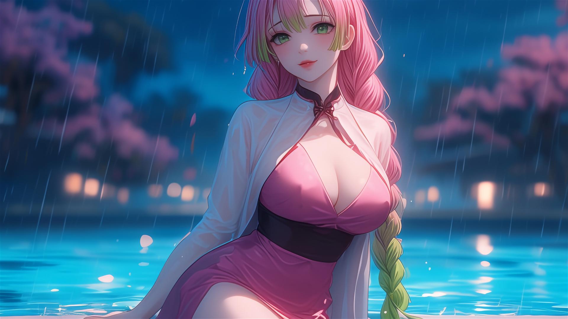 Mitsuri Kanroji from Demon Slayer by the pool, moonlit, pink dress, thigh focus, hair with pink to lime green gradient