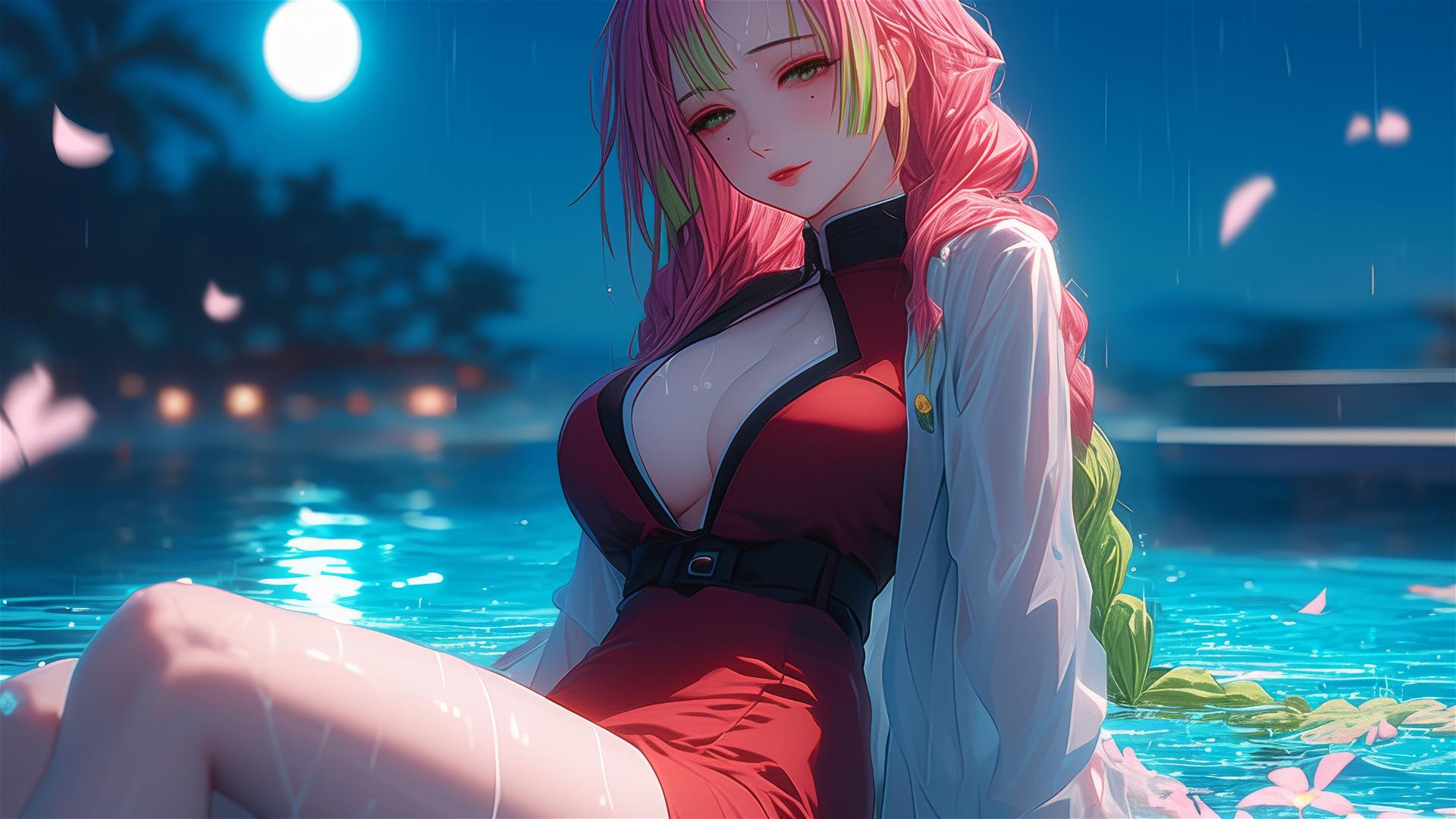 Mitsuri Kanroji in red, by moonlit rainy pool