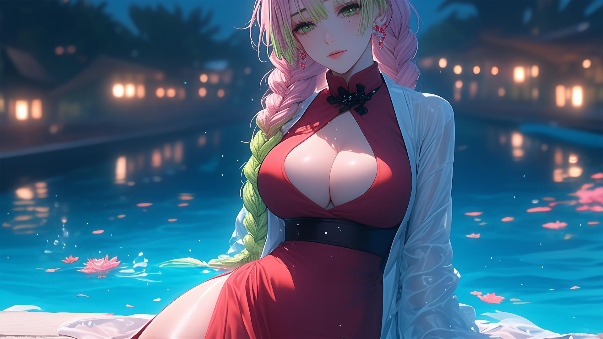Mitsuri Kanroji resting by pool, moonlit, red dress, thigh focus, pink to green hair