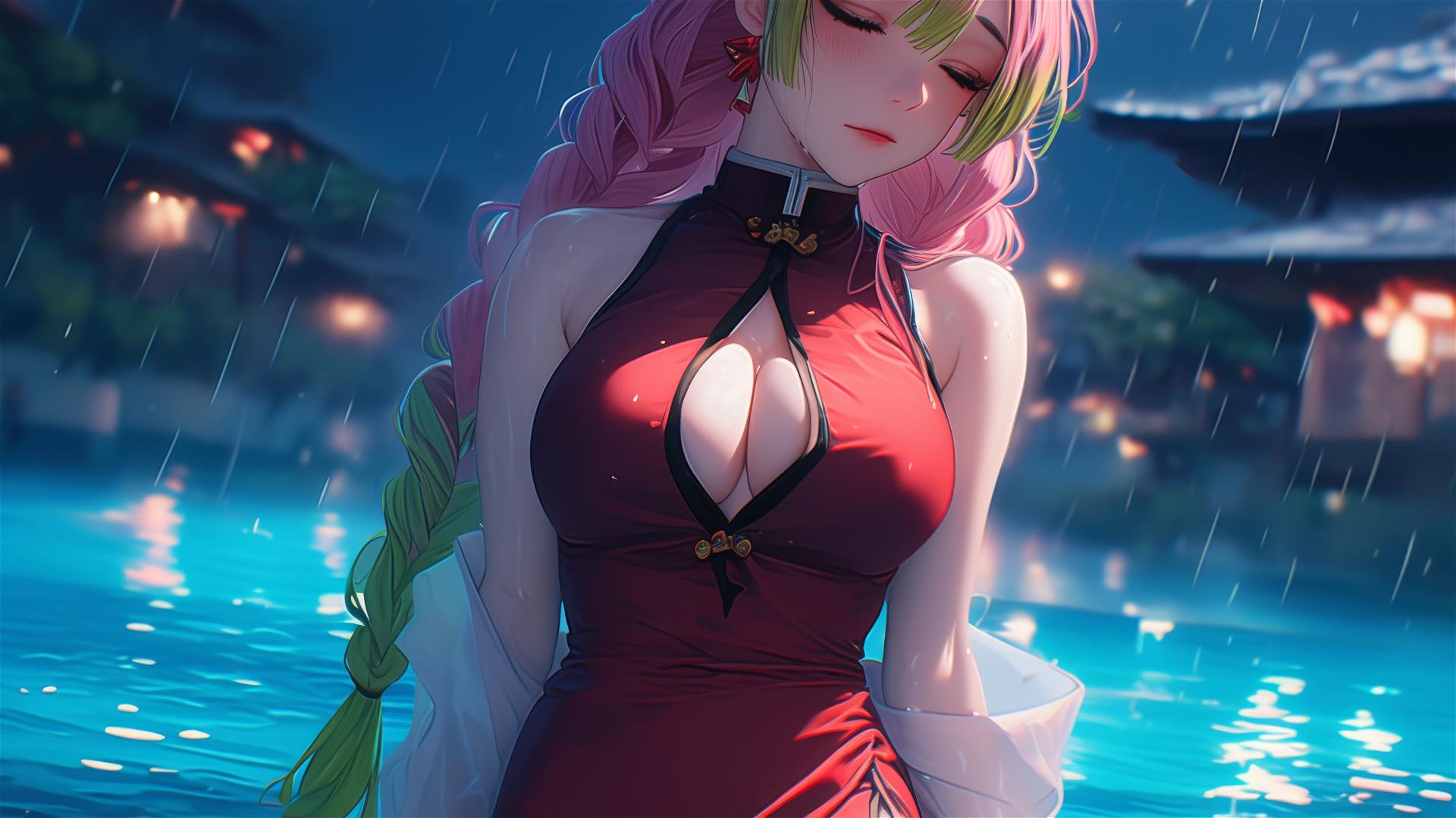 Mitsuri Kanroji resting by pool in moonlight, red dress, pink to green hair