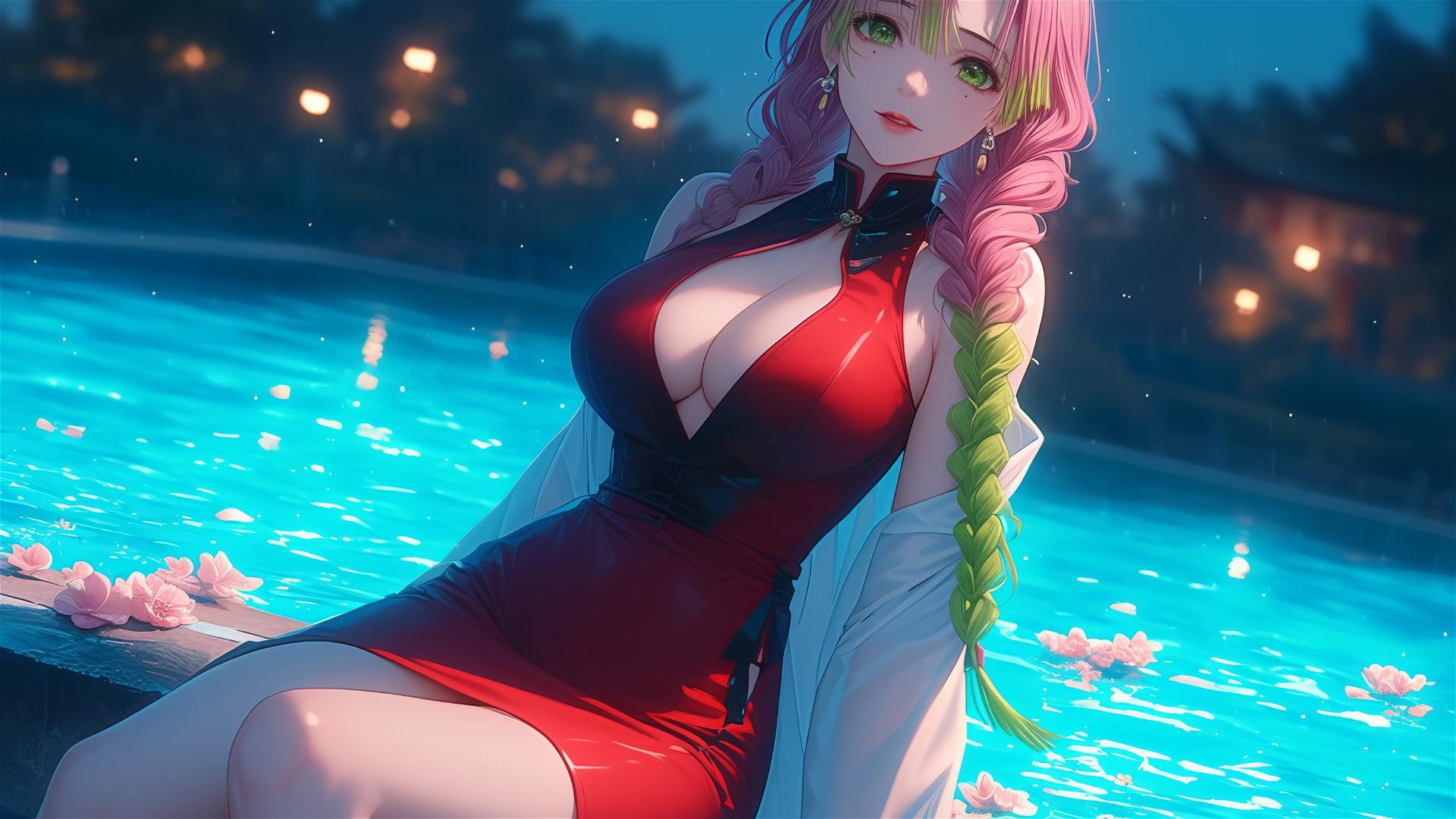 Mitsuri Kanroji resting by pool in moonlight, red dress, thigh focus, pink to green hair