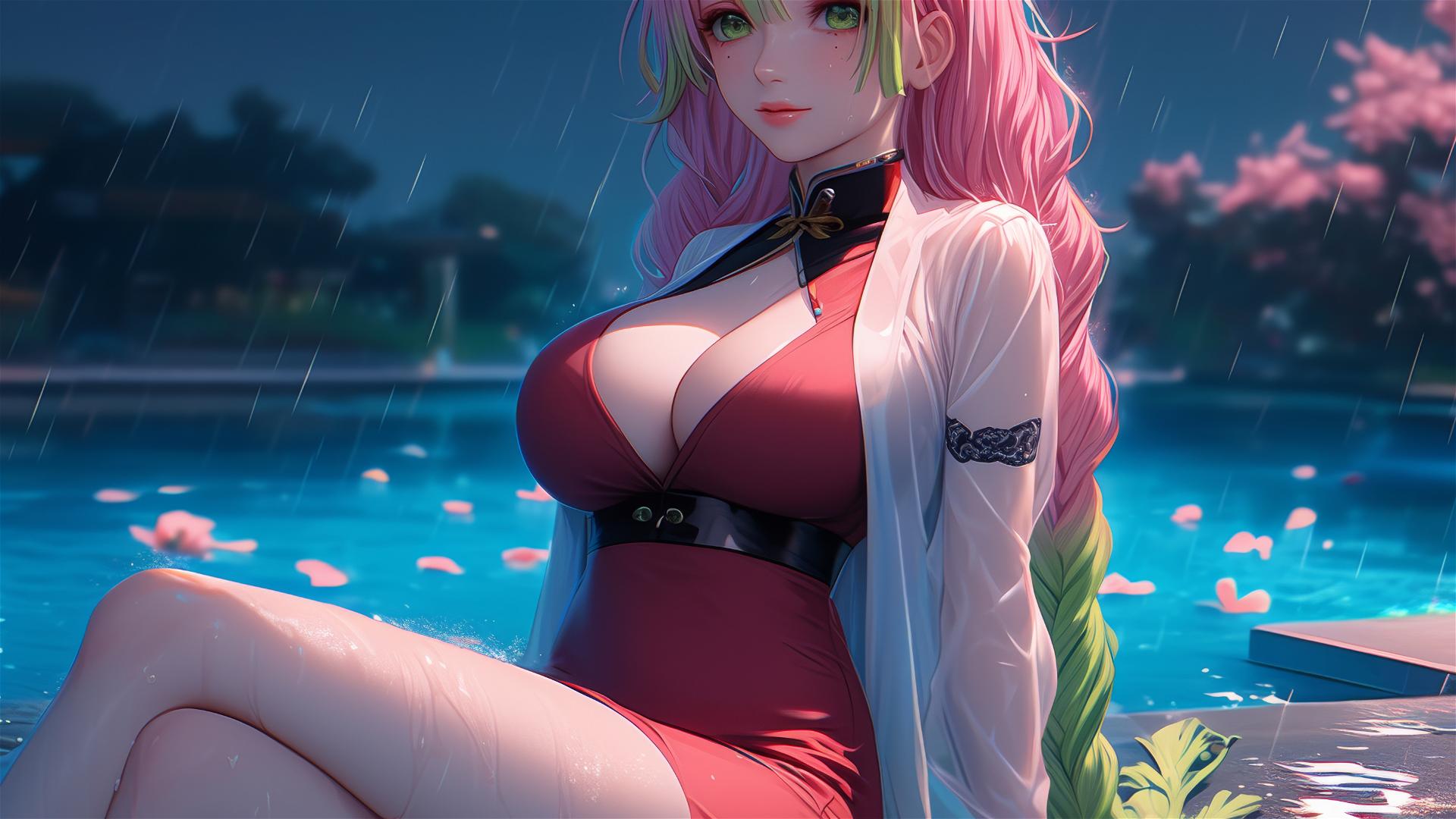 Mitsuri Kanroji by pool in moonlight, red dress, pink to green hair