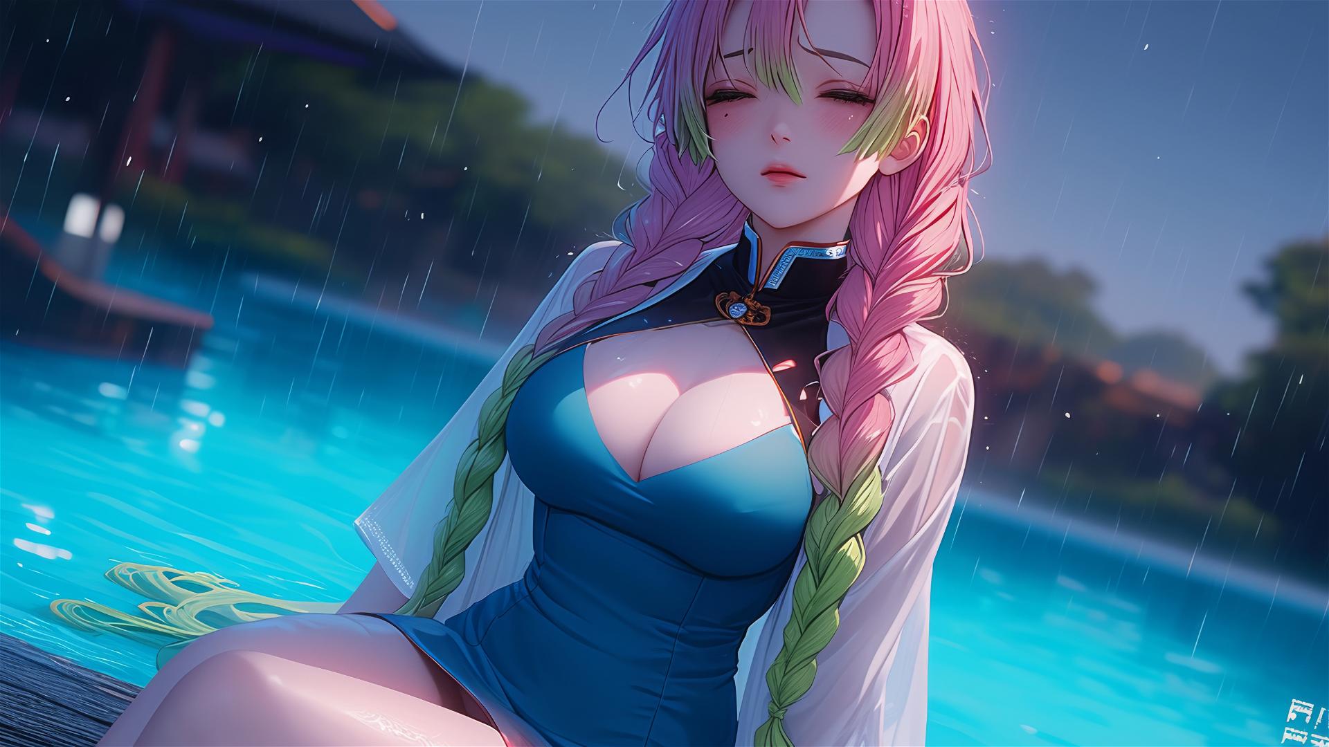 Mitsuri Kanroji beside pool in moonlight, pink to green hair