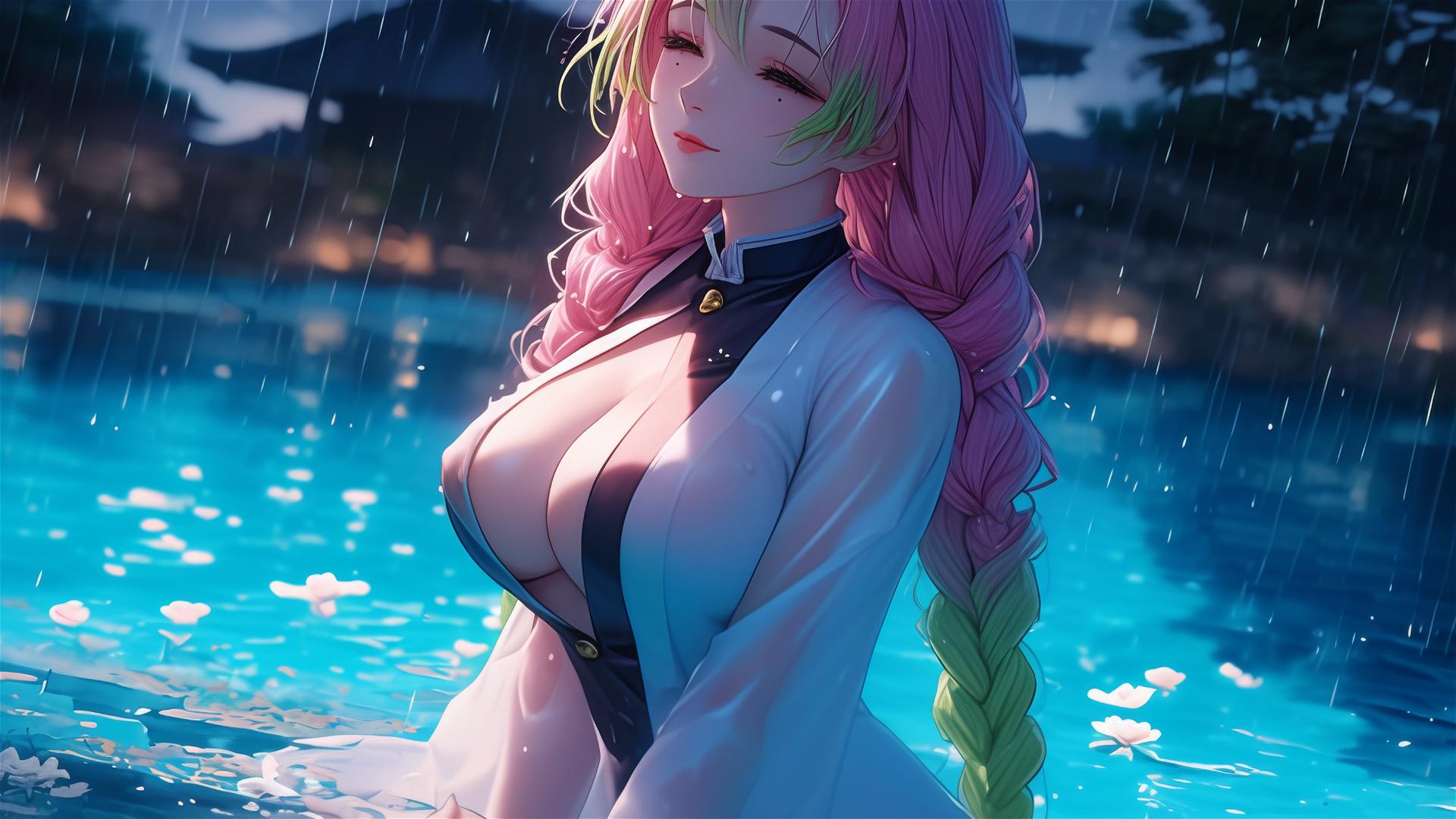 Mitsuri Kanroji from Demon Slayer resting by a rainy pool under moonlight
