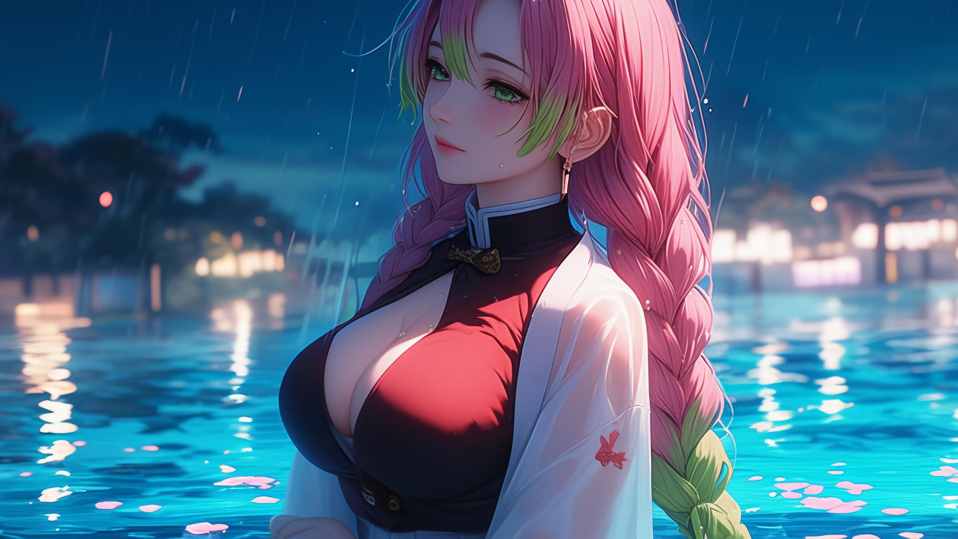 Mitsuri Kanroji in red by a moonlit rainy pool with pink to green hair