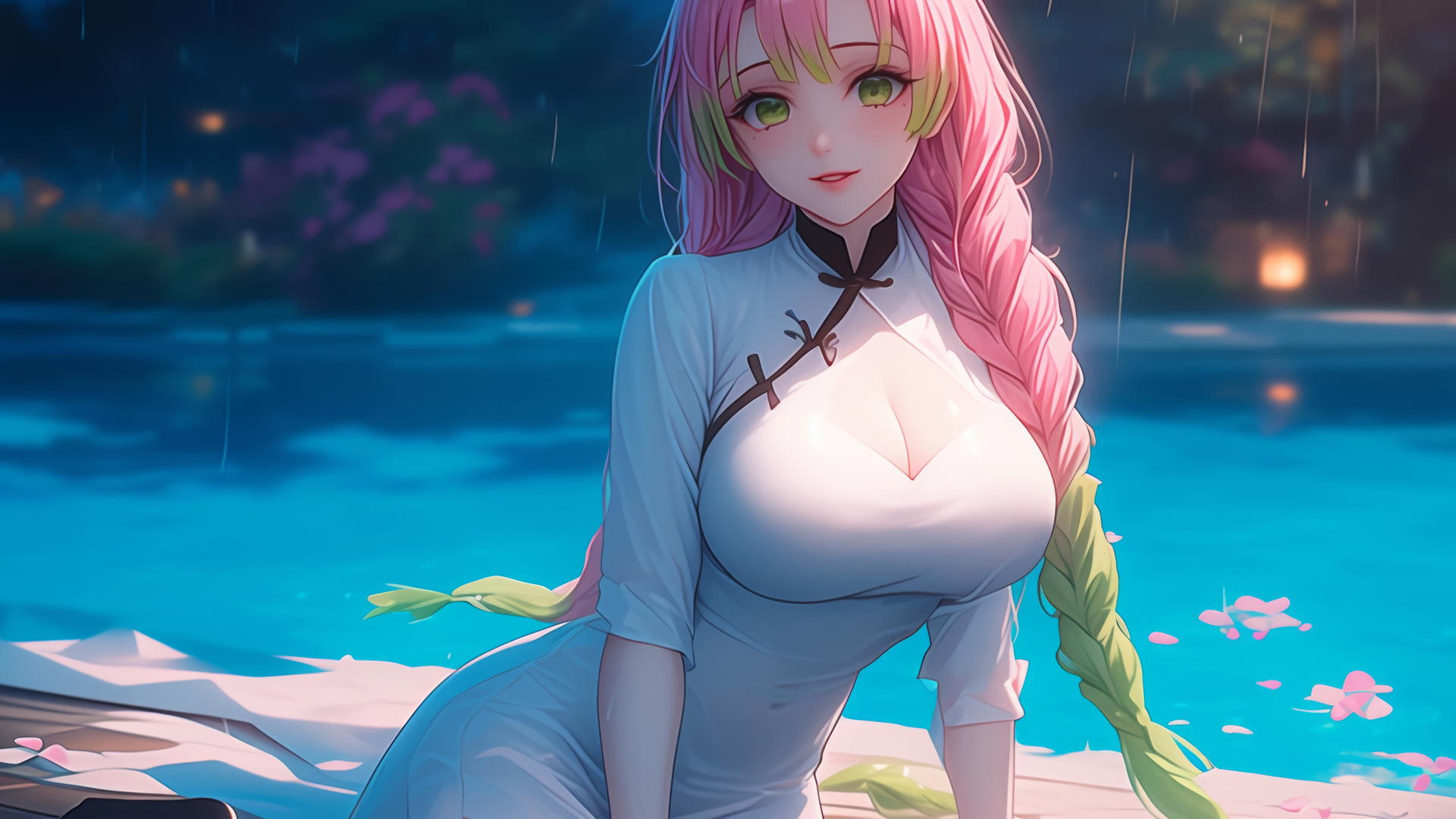 Mitsuri Kanroji resting by a rainy pool under moonlight