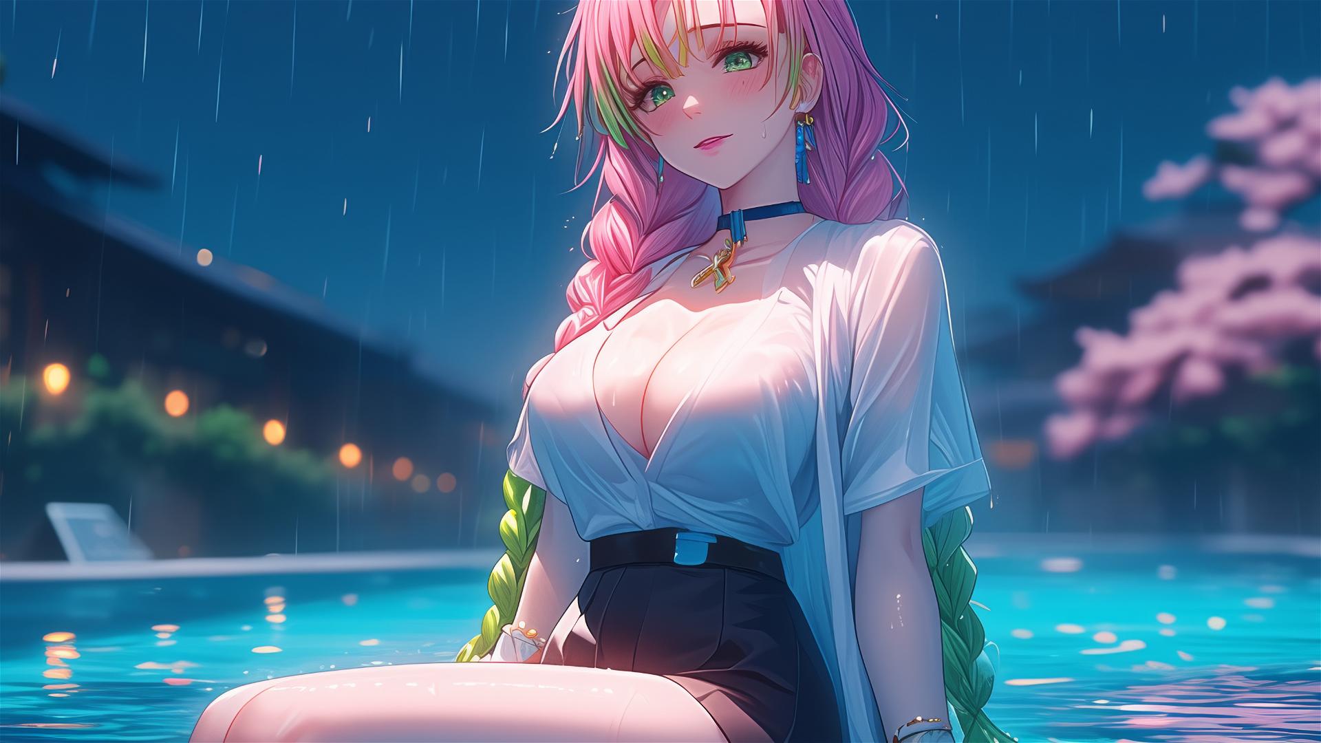 Mitsuri Kanroji rests by pool under the moonlight, rain glistening, in pink attire with pink to green hair