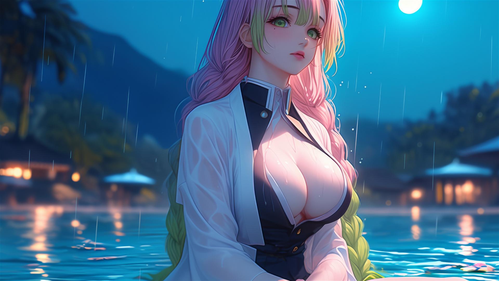 Mitsuri Kanroji resting by a pool in moonlight, pink and lime green hair
