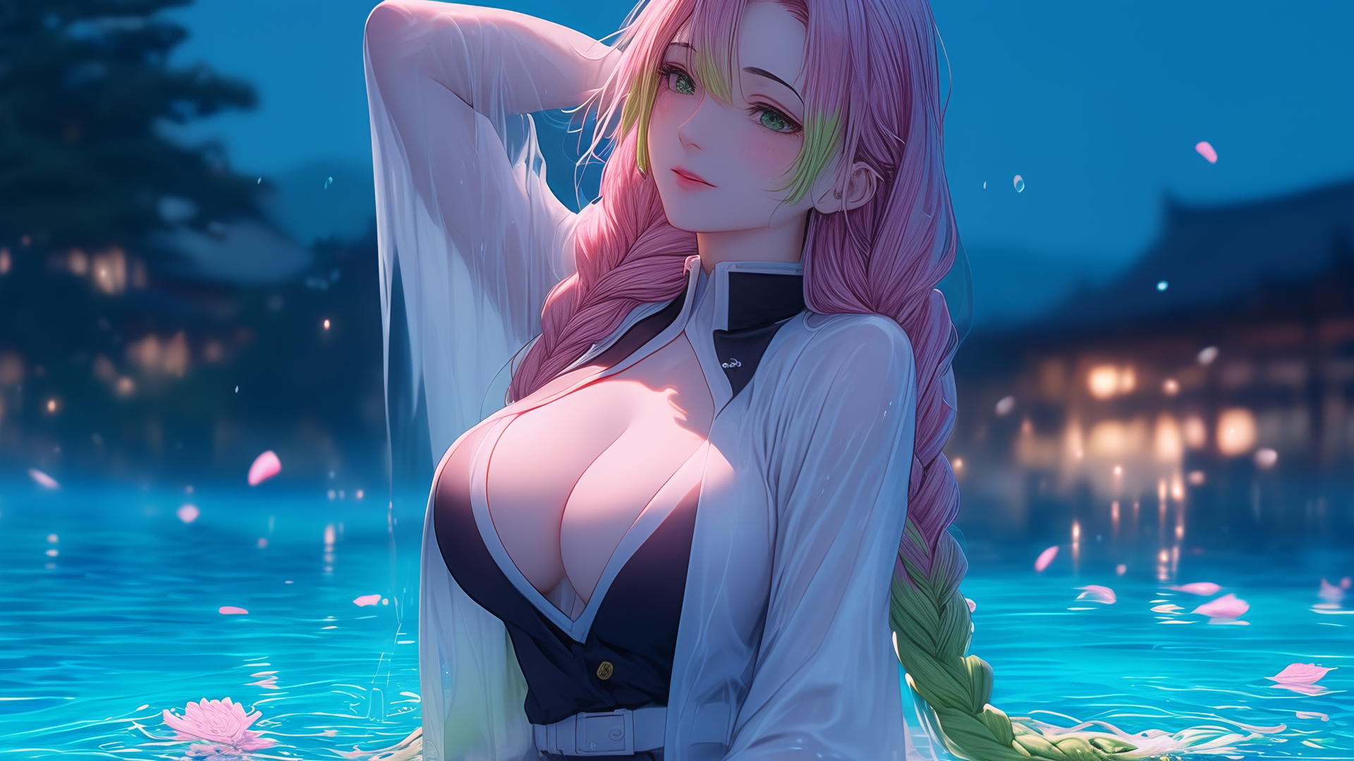 Mitsuri Kanroji rests by pool under moonlight, pink dress, pink to lime hair