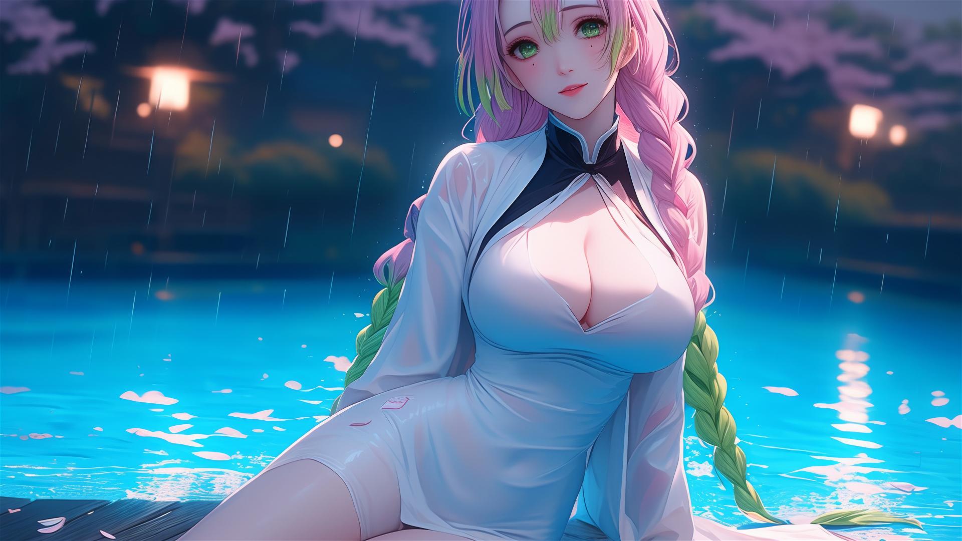 Mitsuri Kanroji by the pool in moonlight, pink-to-green hair