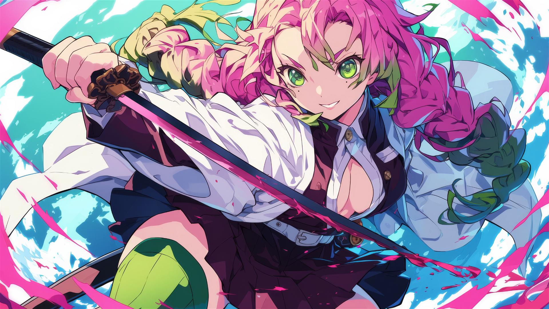 Dynamic pose of Mitsuri Kanroji from Demon Slayer focusing on thighs