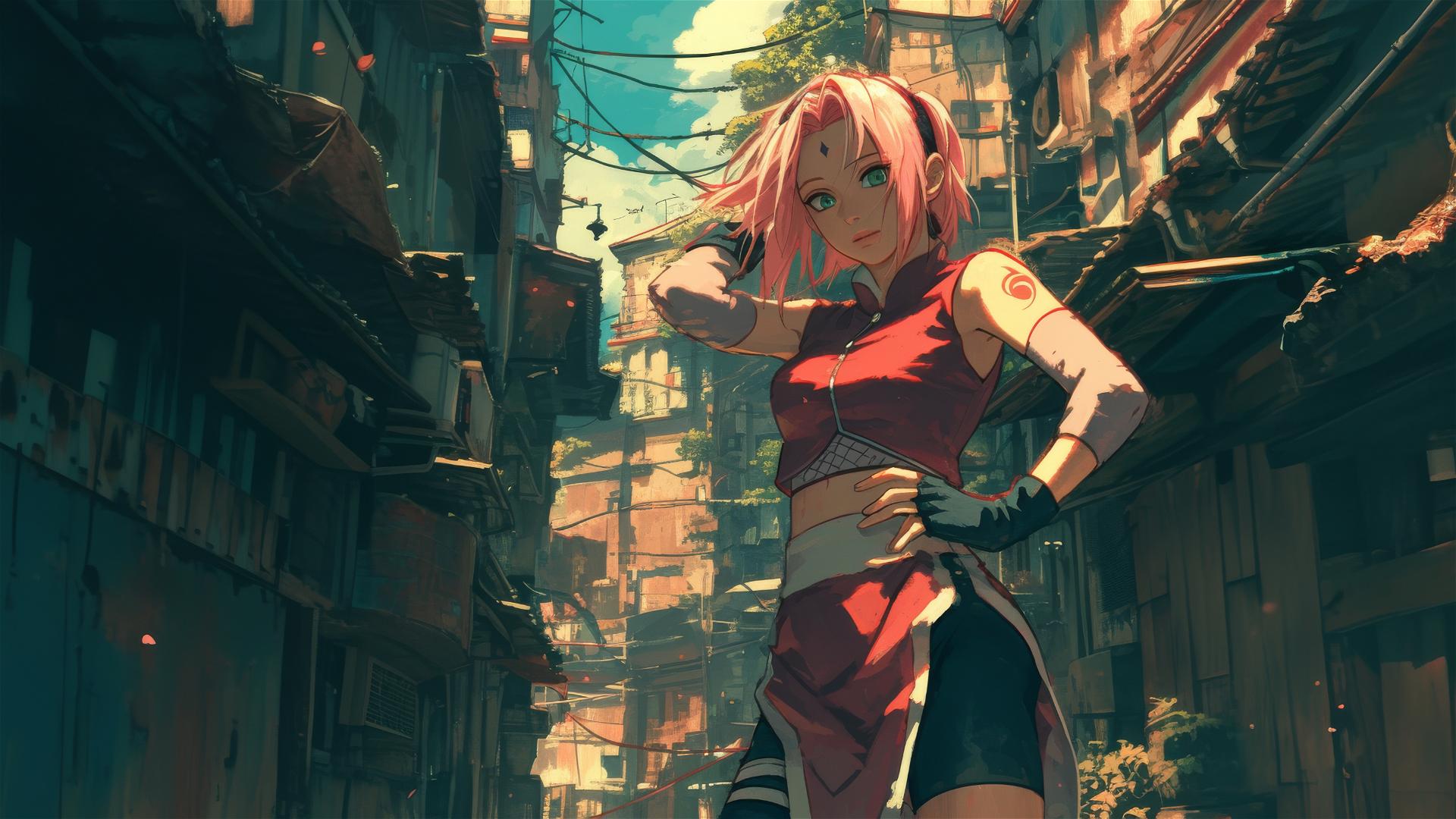 Sakura Haruno in avant-garde Japanese street art outfit in urban alley
