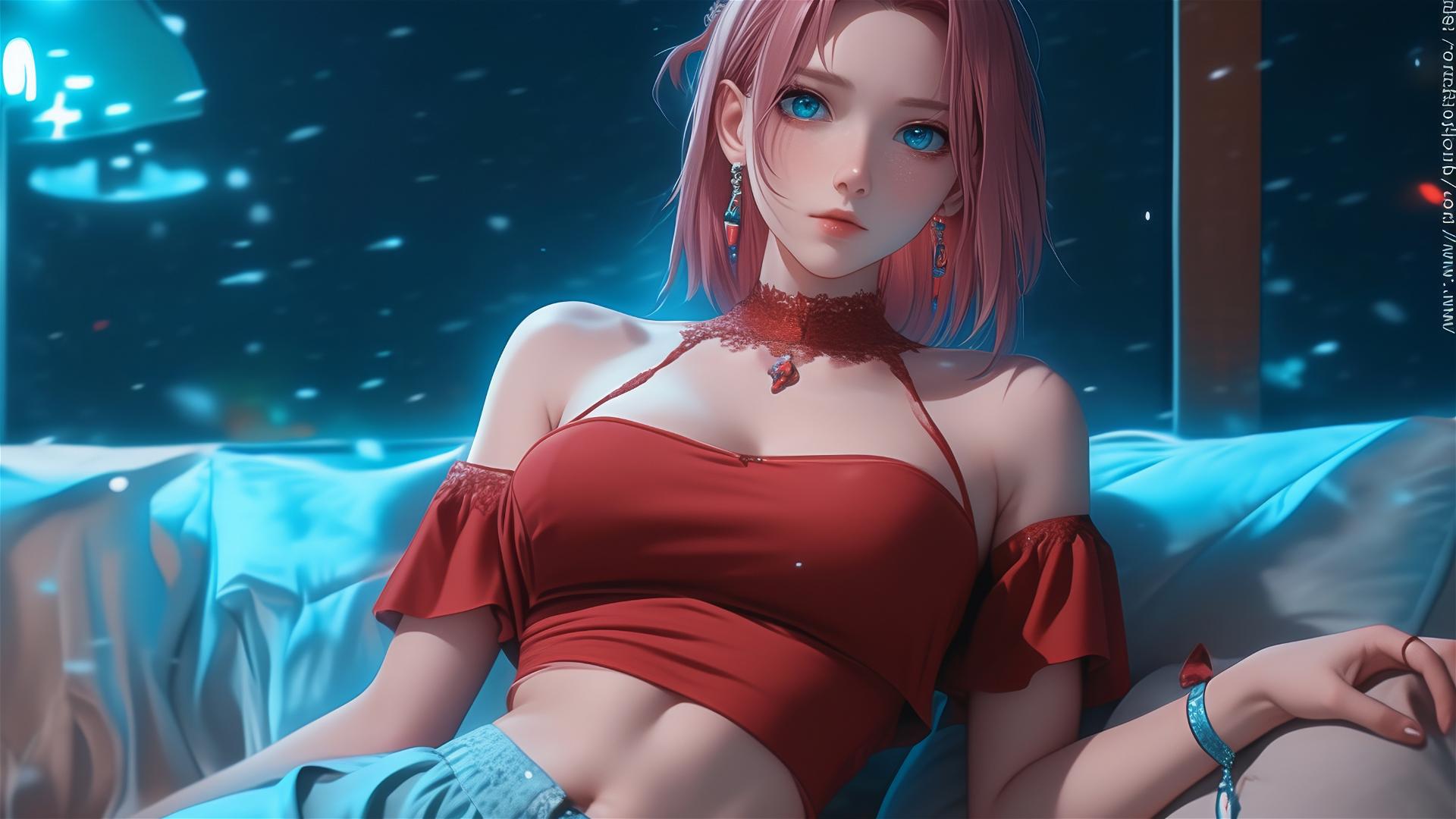 Sakura Haruno resting in an apartment under moonlight, wearing a red dress