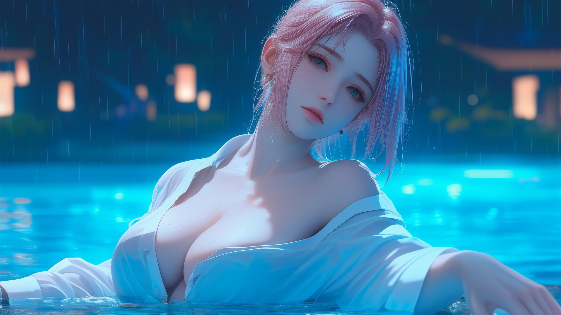Sakura Haruno resting by pool in white shirt under moonlight with rain