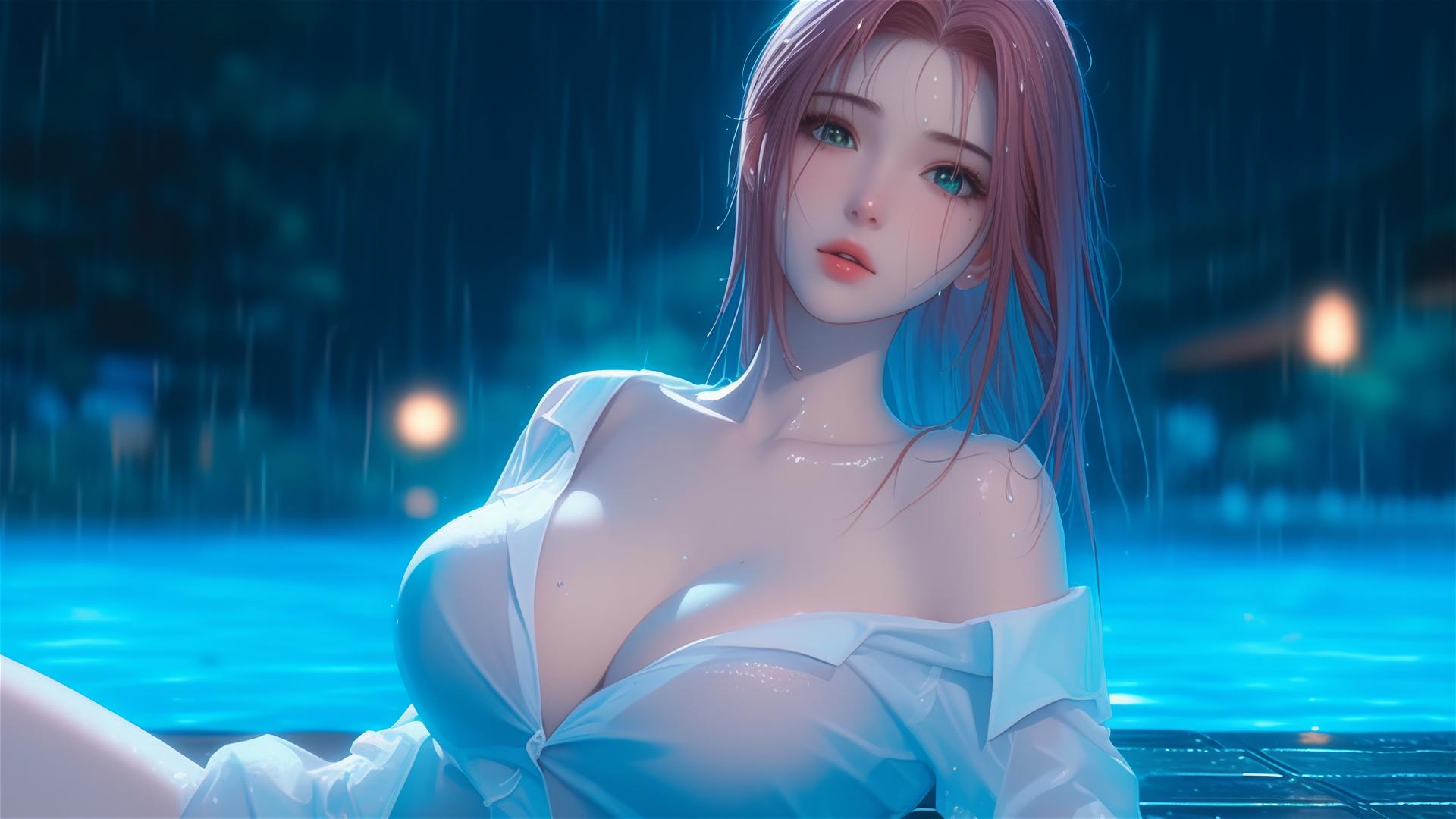 Sakura Haruno in white shirt by pool under moonlit rainy night