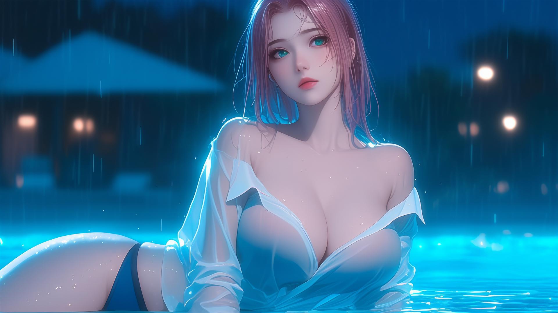 Sakura Haruno rests by pool in white shirt under moonlight in heavy rain