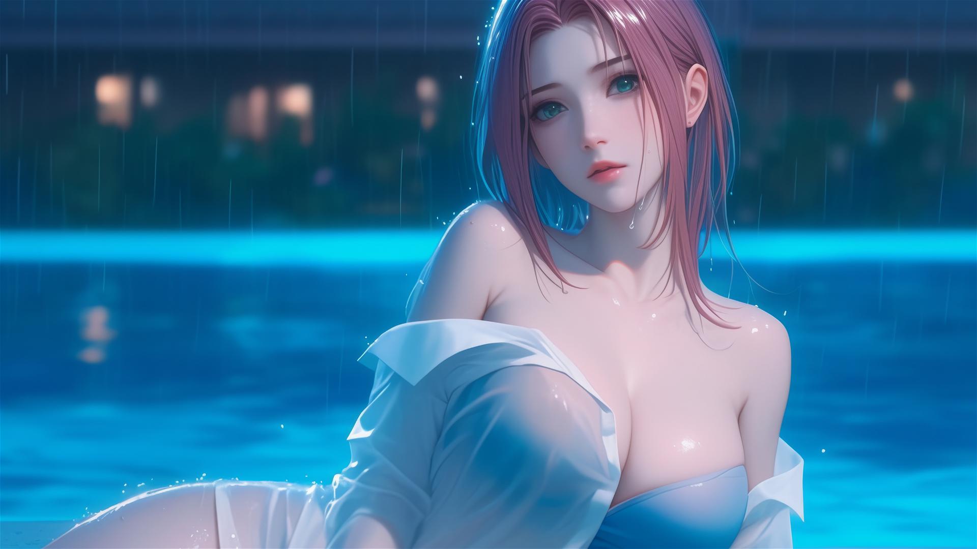 Sakura Haruno resting by pool in moonlight, huge rain, white shirt