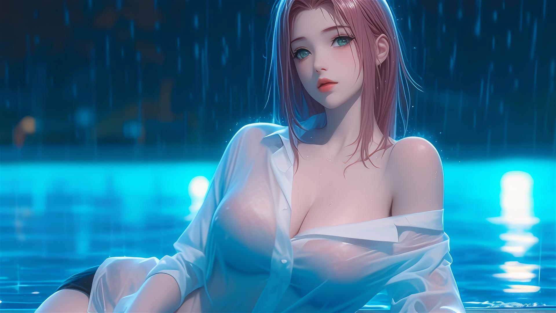 Sakura Haruno resting by pool in white shirt under moonlight with rain