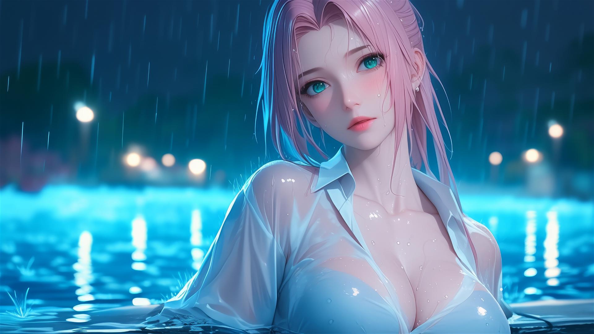Sakura Haruno in white shirt by pool under moonlight in heavy rain