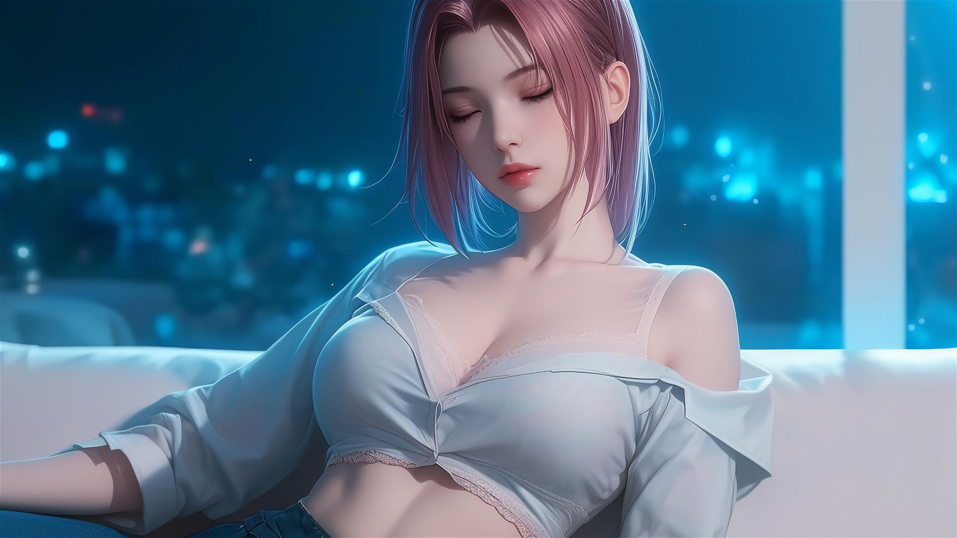 Sakura Haruno from Naruto resting in apartment, moonlit white shirt