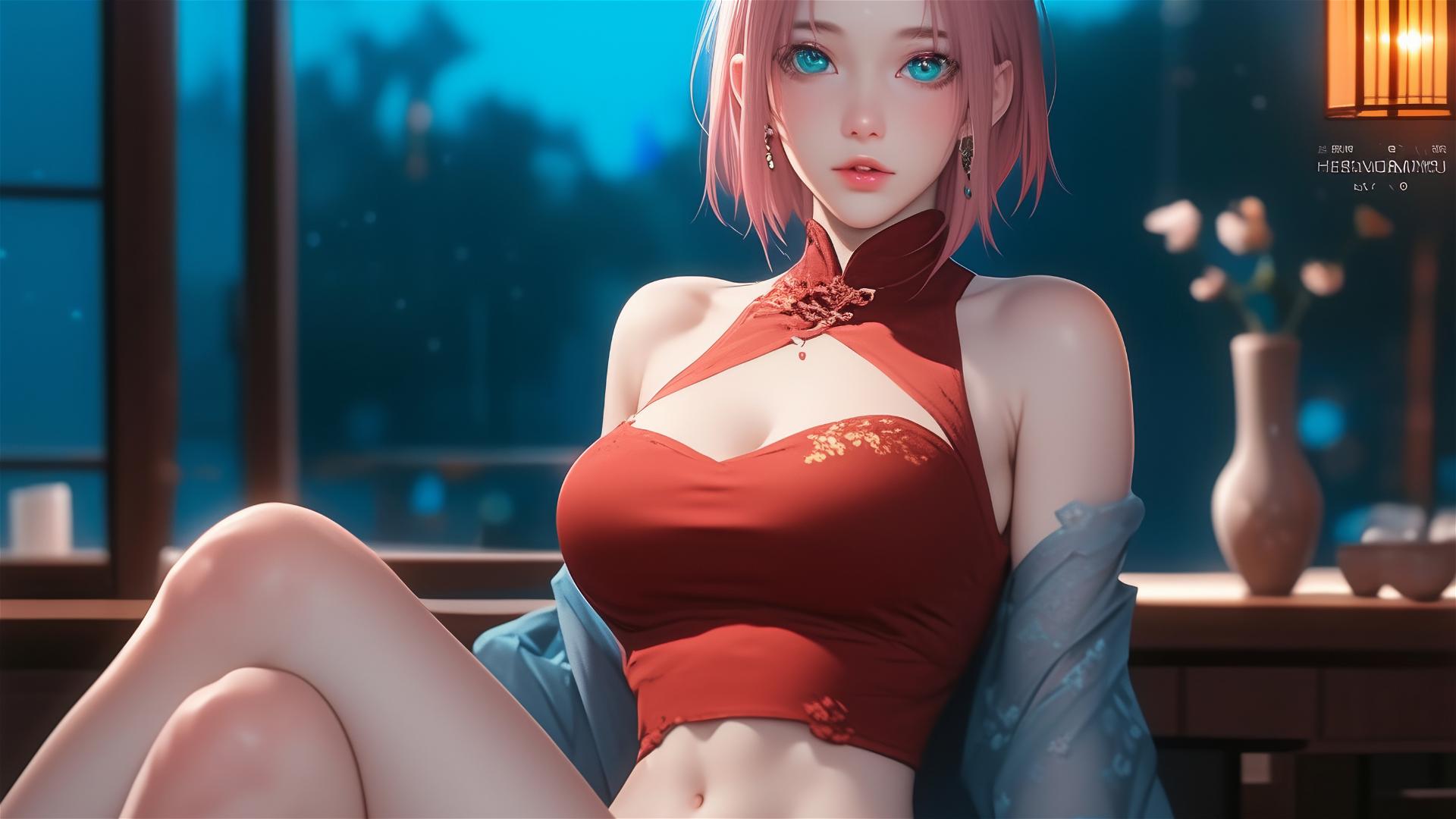 Sakura Haruno from Naruto sitting in a bar under moonlight