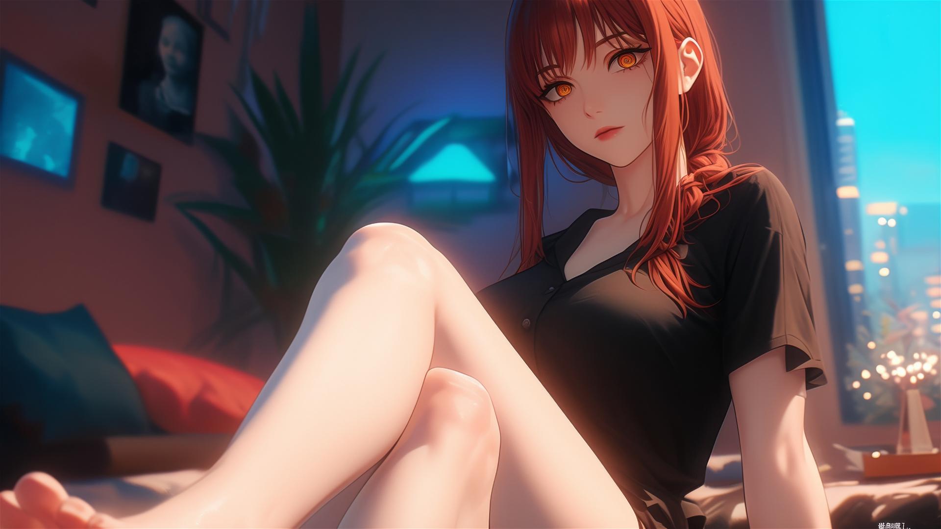Makima from Chainsaw Man resting with focus on foot