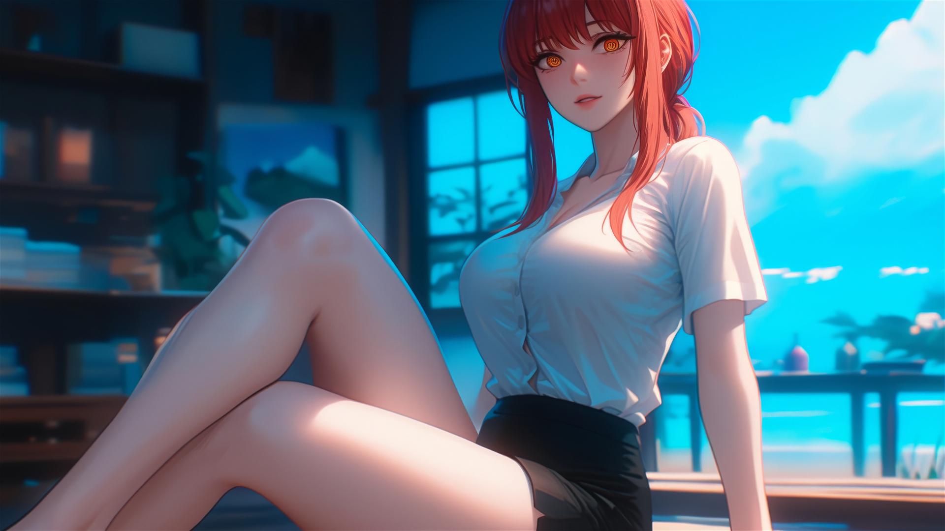 Makima from Chainsaw Man standing in room, foot close-up, red hair